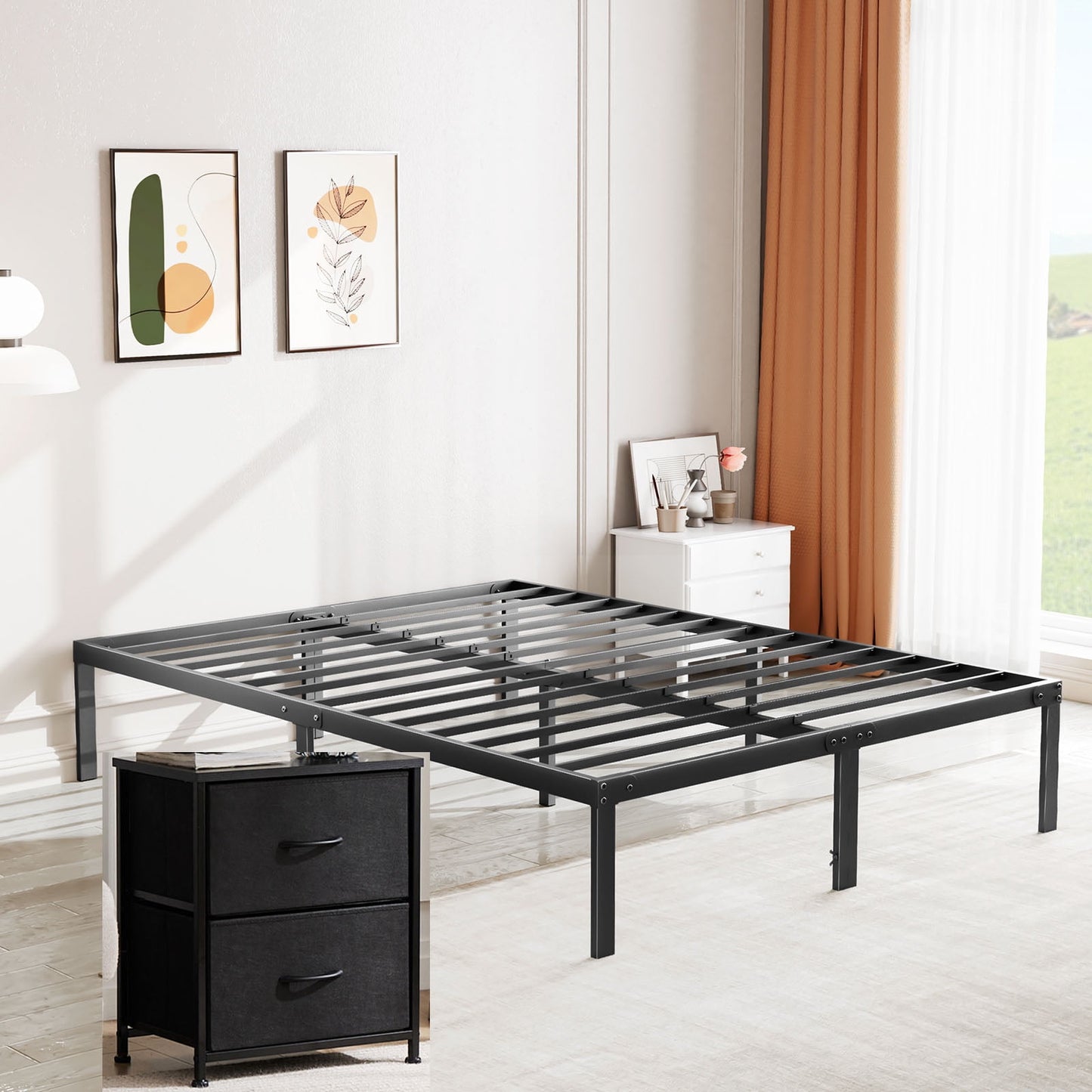 GIANNA Queen Base de Cama TamaÃ±o y 2 Cajones de Tela, Mesita de Noche Negra, Soporte de Listones de Acero Resistente de 14 Pulgadas, No Necesita Box Spring