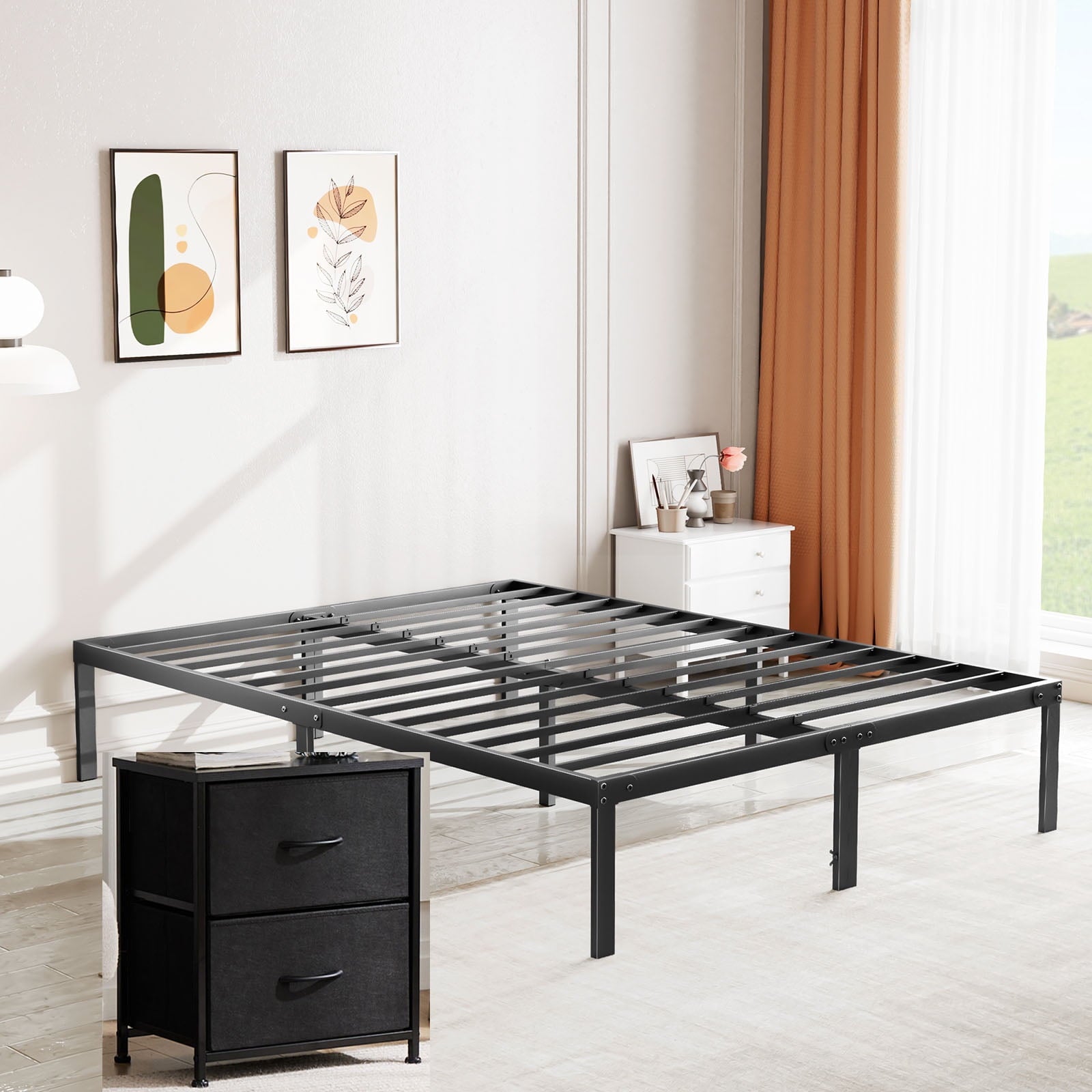 GIANNA Queen Base de Cama TamaÃ±o y 2 Cajones de Tela, Mesita de Noche Negra, Soporte de Listones de Acero Resistente de 14 Pulgadas, No Necesita Box Spring