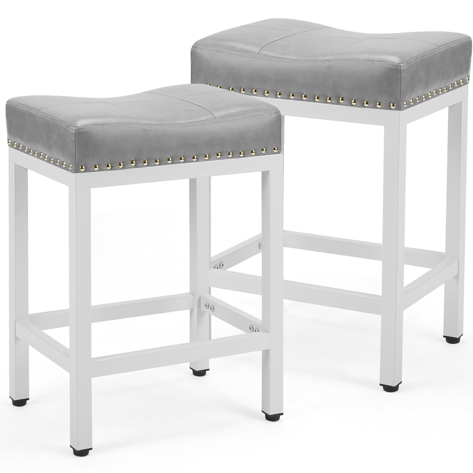 JOINSUN Set of 2, Bar Stools 24 Inch - Stylish Counter Height Chairs, With Metal Bases and PU Leather Seats, For Kitchen Island, Gray
