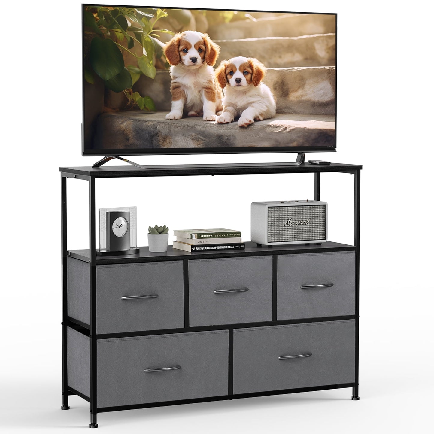 GIANNA TV Cabinet Stand, 5 Fabric Drawers & Adjustable Feet for Bedroom, Grey