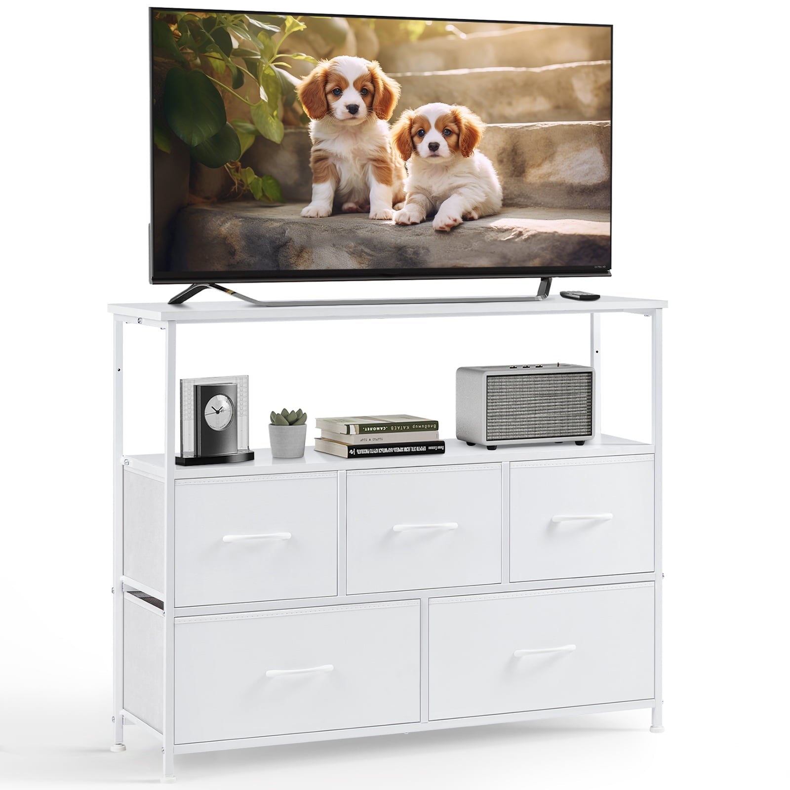 GIANNA TV Cabinet Stand, 5 Fabric Drawers & Adjustable Feet for Bedroom, White