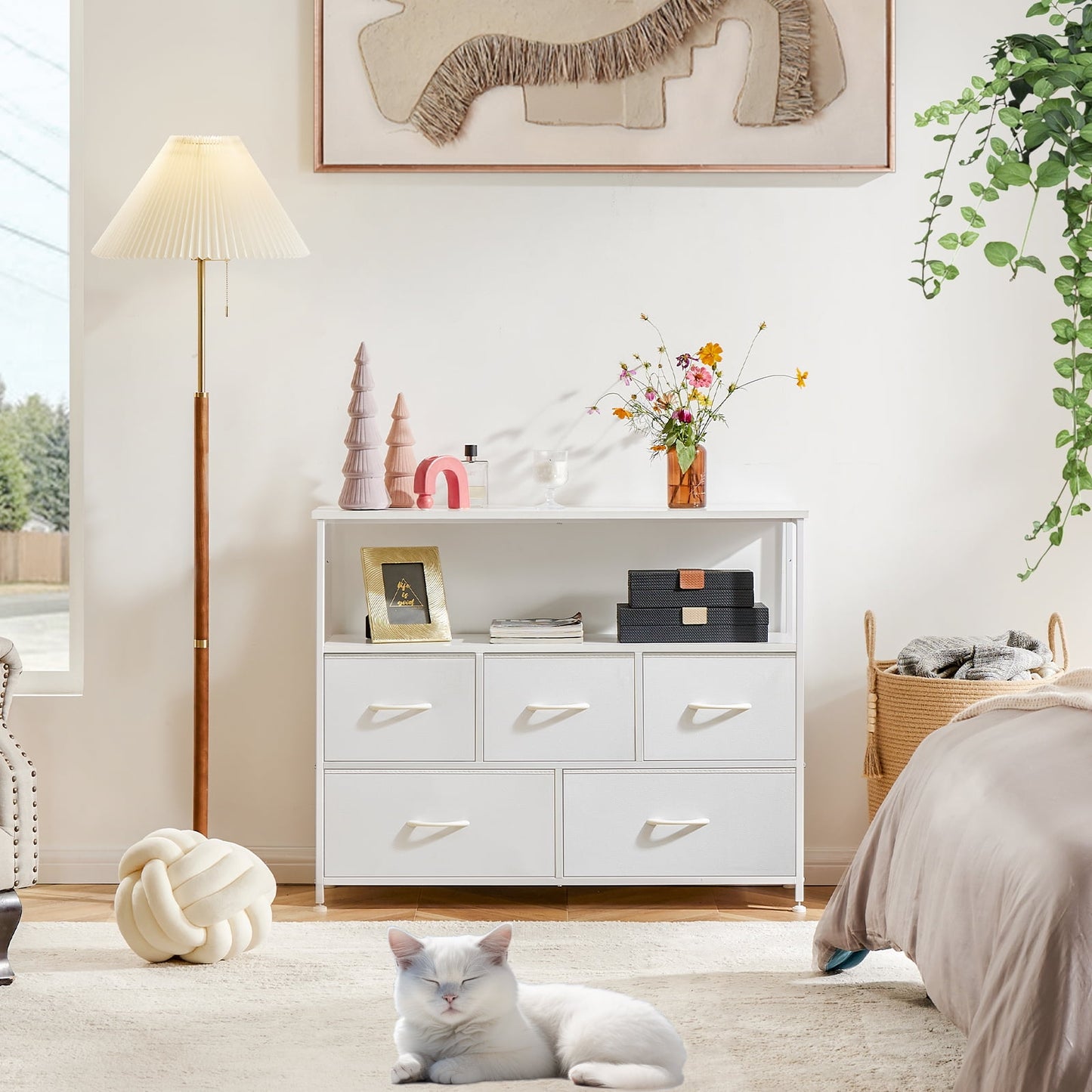 GIANNA TV Cabinet for Bedroom with 5 Fabric Drawers, Adjustable Feet Drawer Cabinet for Bedroom, White