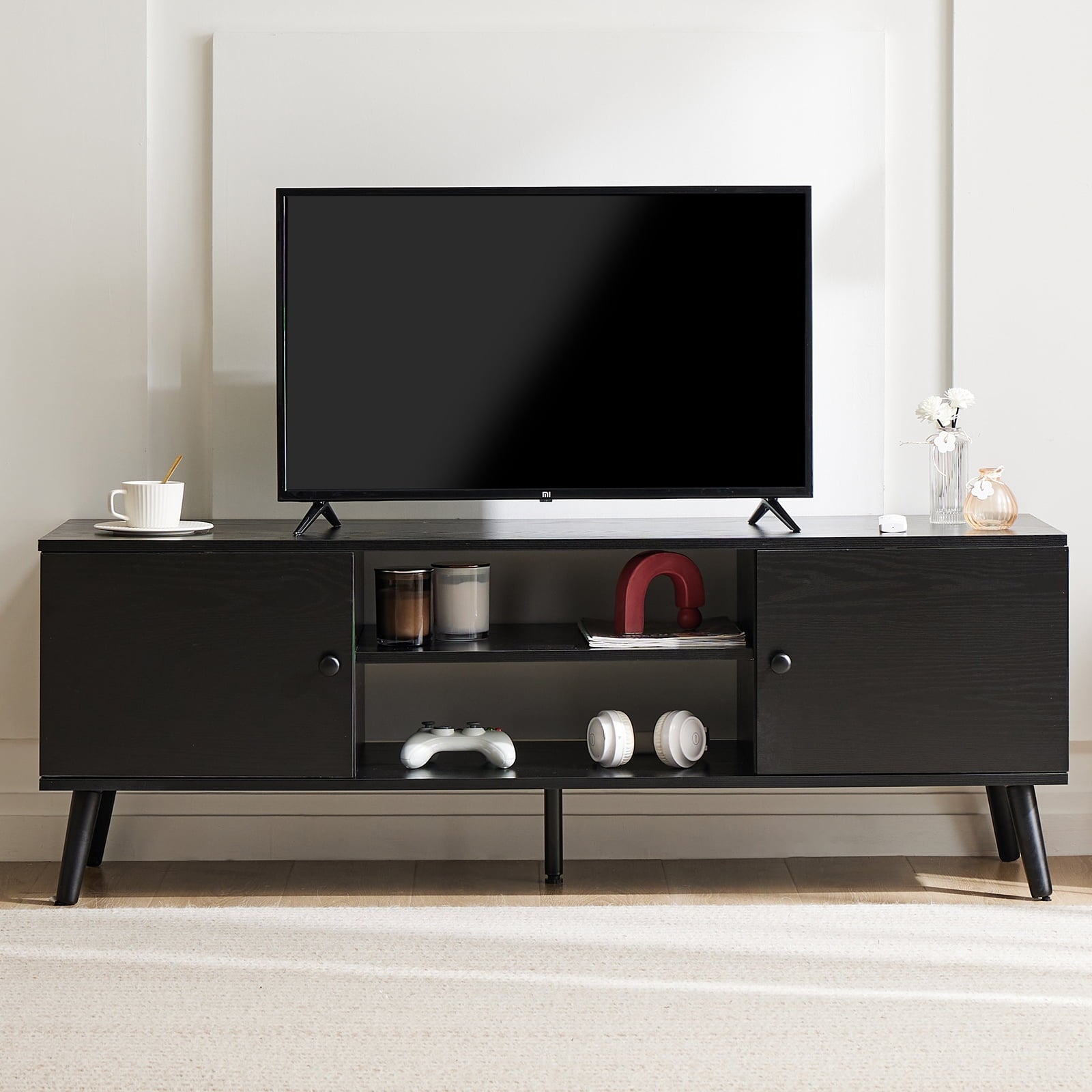 GIANNA TV Stand for TVs up to 60", Modern Mid Century Entertainment Center with Storage, 2 Cabinet Media Console Table, Black
