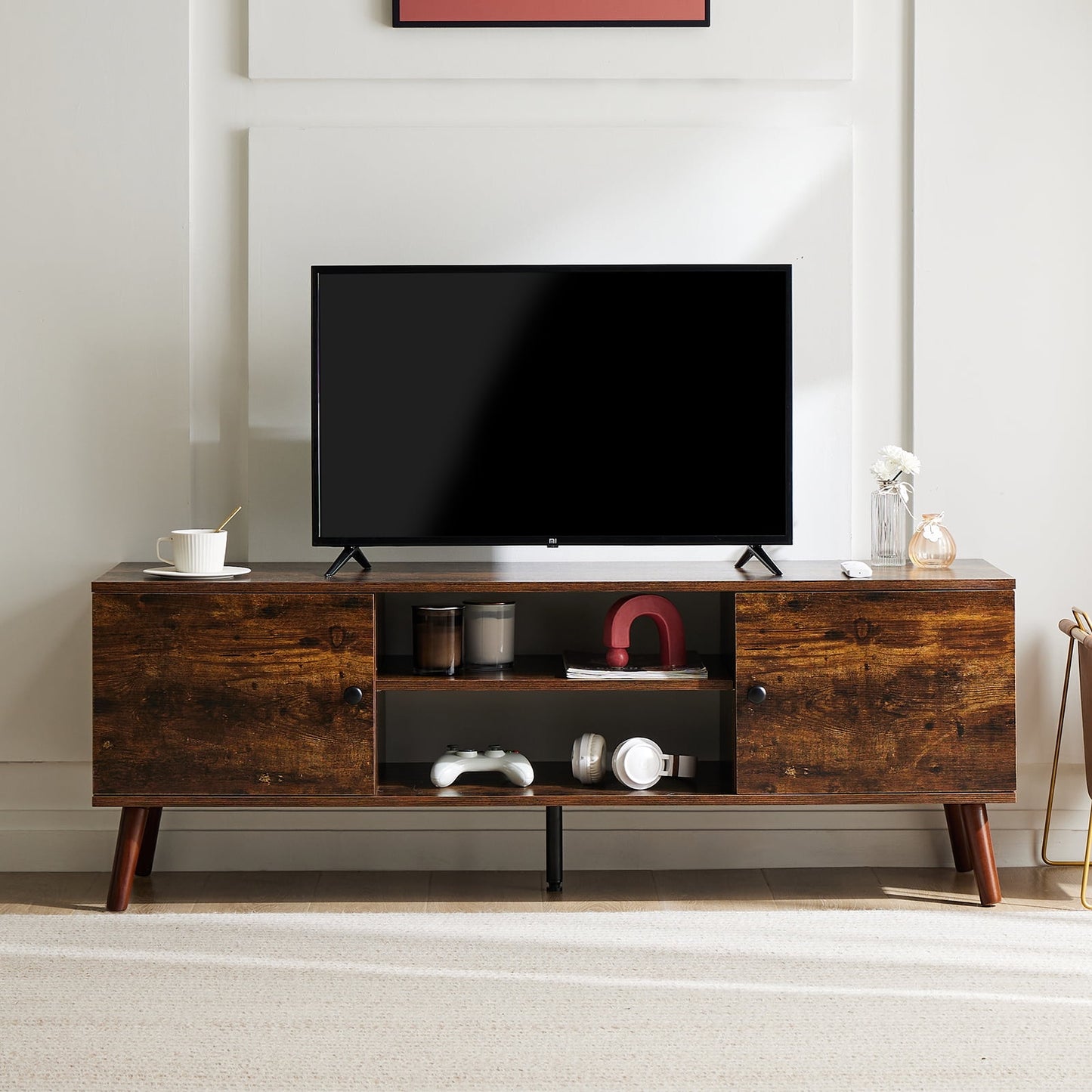 GIANNA TV Stand for TVs up to 60", Modern Mid Century Entertainment Center with Storage, 2 Cabinet Media Console Table, Brown