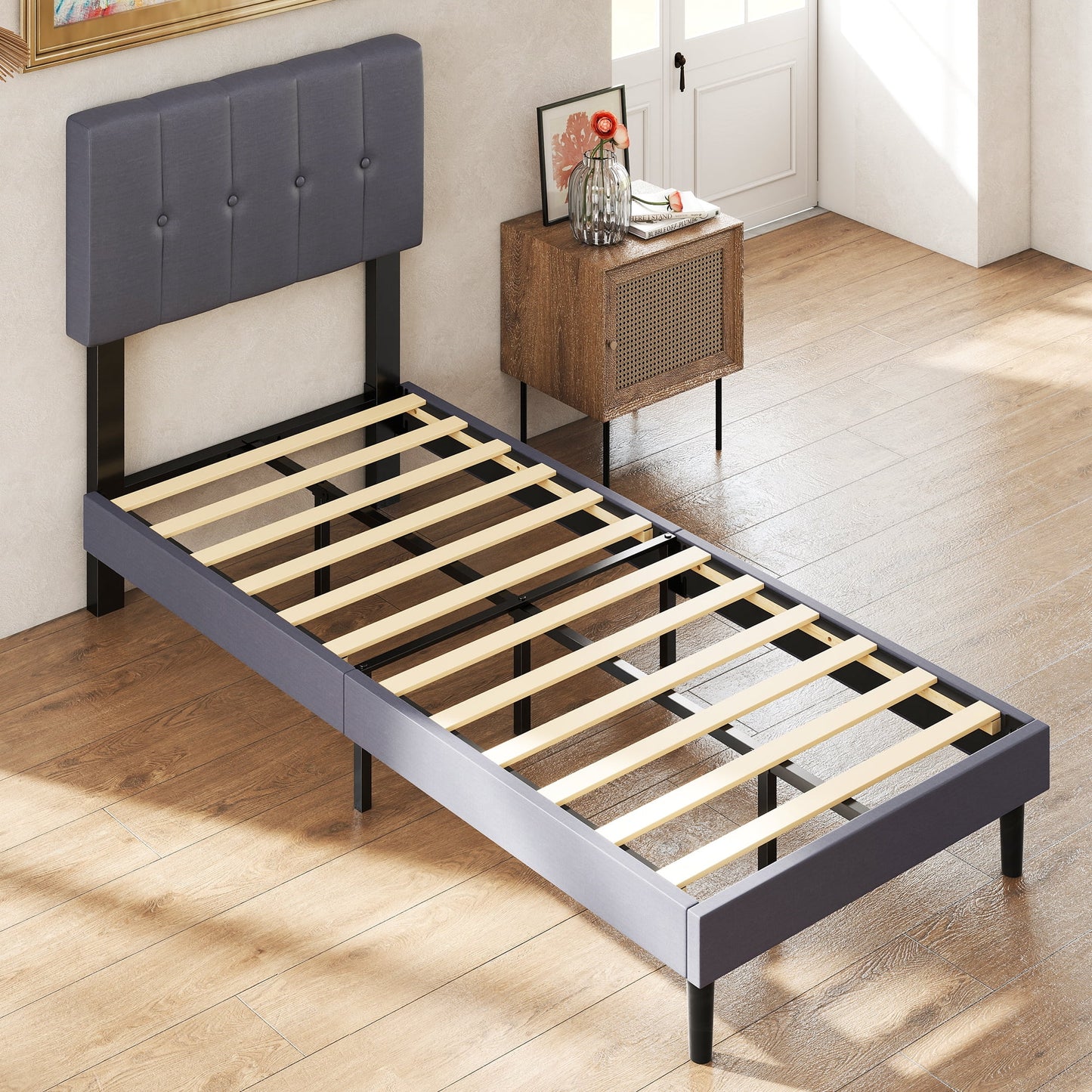 GIANNA Queen Size Platform Bed â€“ Fabric Upholstered, Sturdy Wood Slats, No Box Spring Needed, Grey