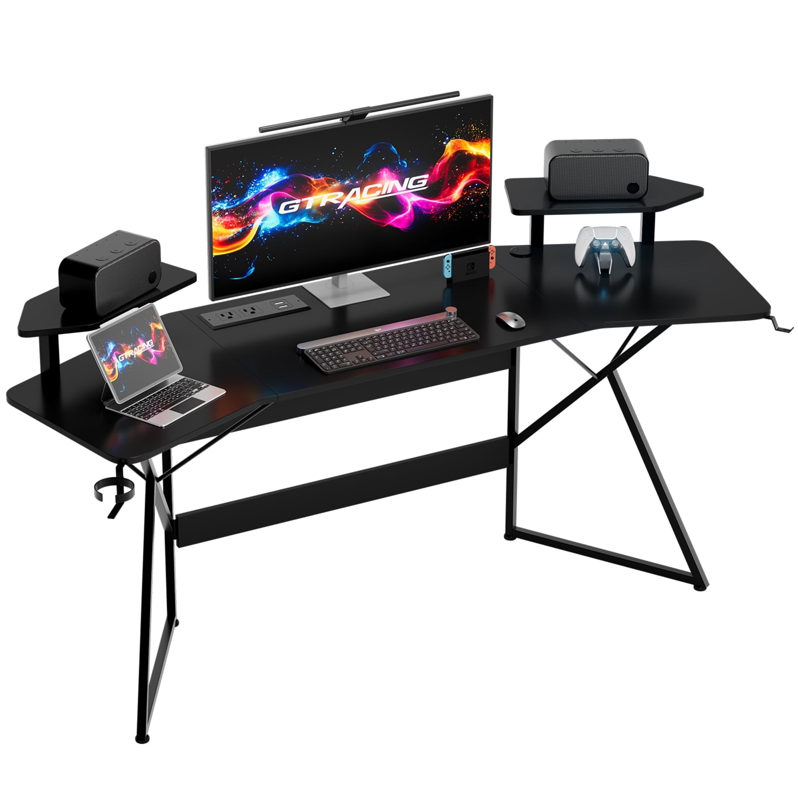 GTRACING Escritorio Gamer con Forma de Ala con Toma de Corriente, Luces LED RGB, Soporte de Monitor Removible, Alfombrilla de Mouse de TamaÃ±o Completo, Gancho para AudÃ­fonos y Portavasos, Negro
