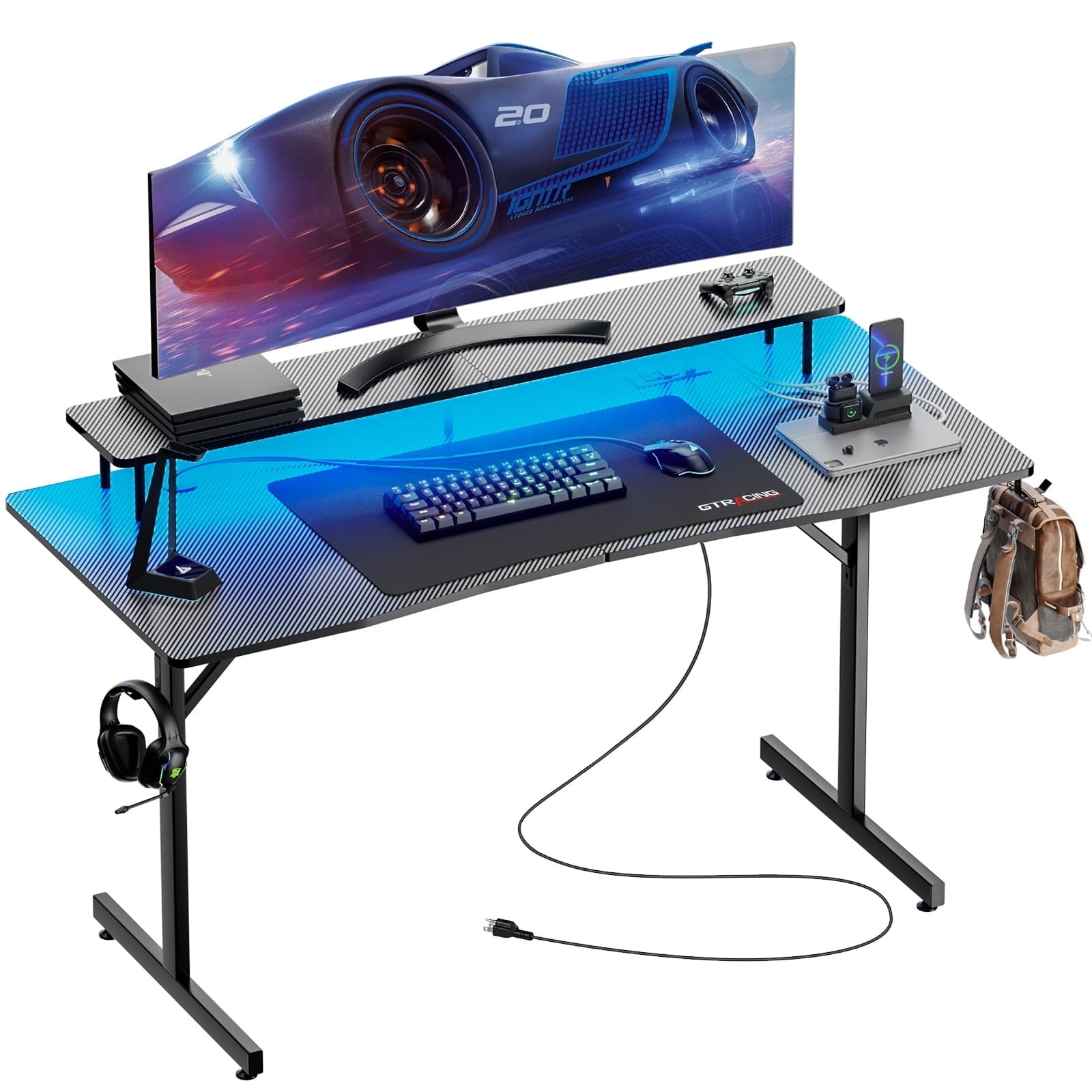 GTPLAYER Computadora Gamer ErgonÃ³mica de Fibra de Carbono de 55" con Soporte para Monitor, Toma de Corriente y Alfombrilla de Mouse RGB, Negro