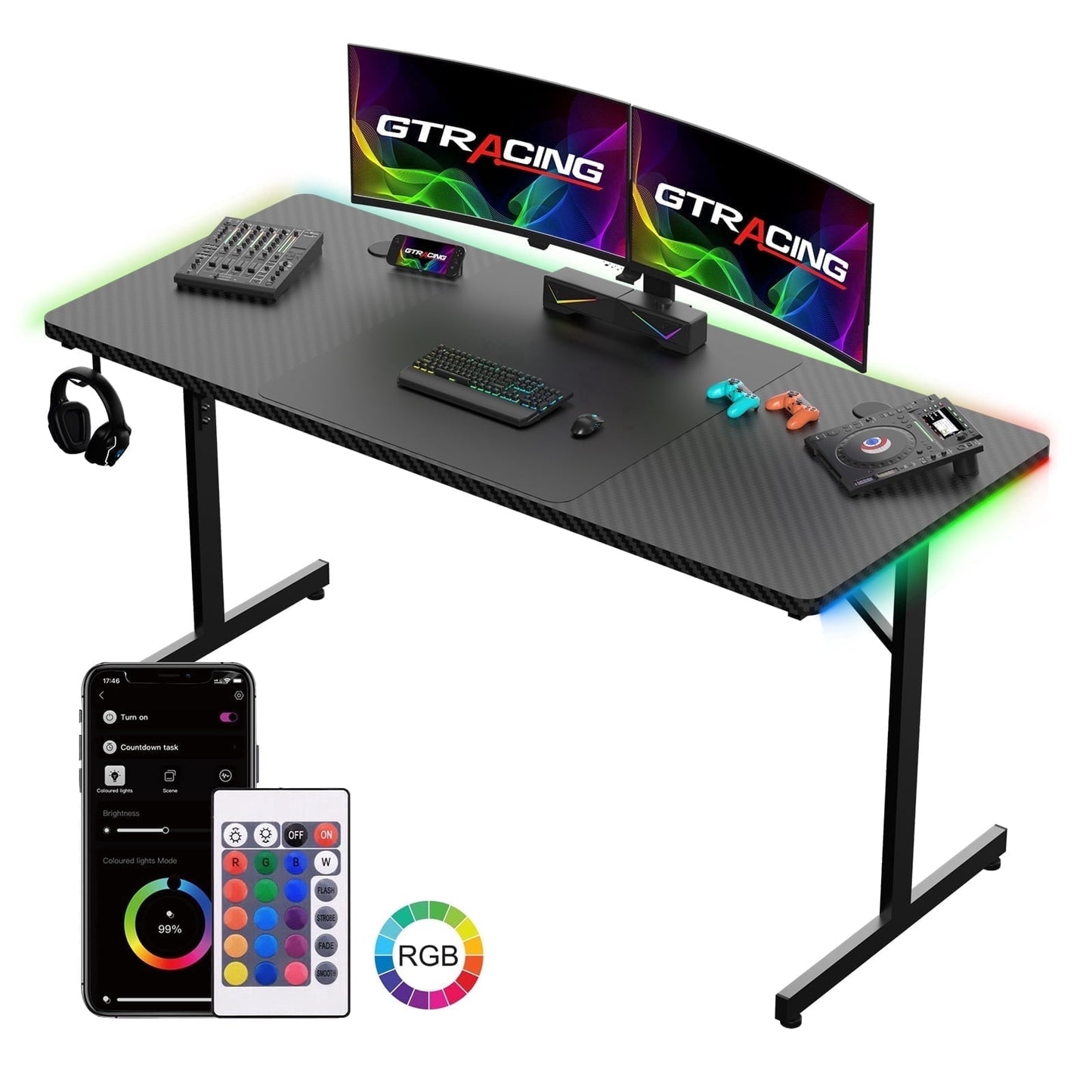 COMHOMA 55" Gaming Desk with Smart APP & Remote RGB Lights, Carbon Fiber Surface Computer Table with Full Mouse Pad & Headphone Hook, Black