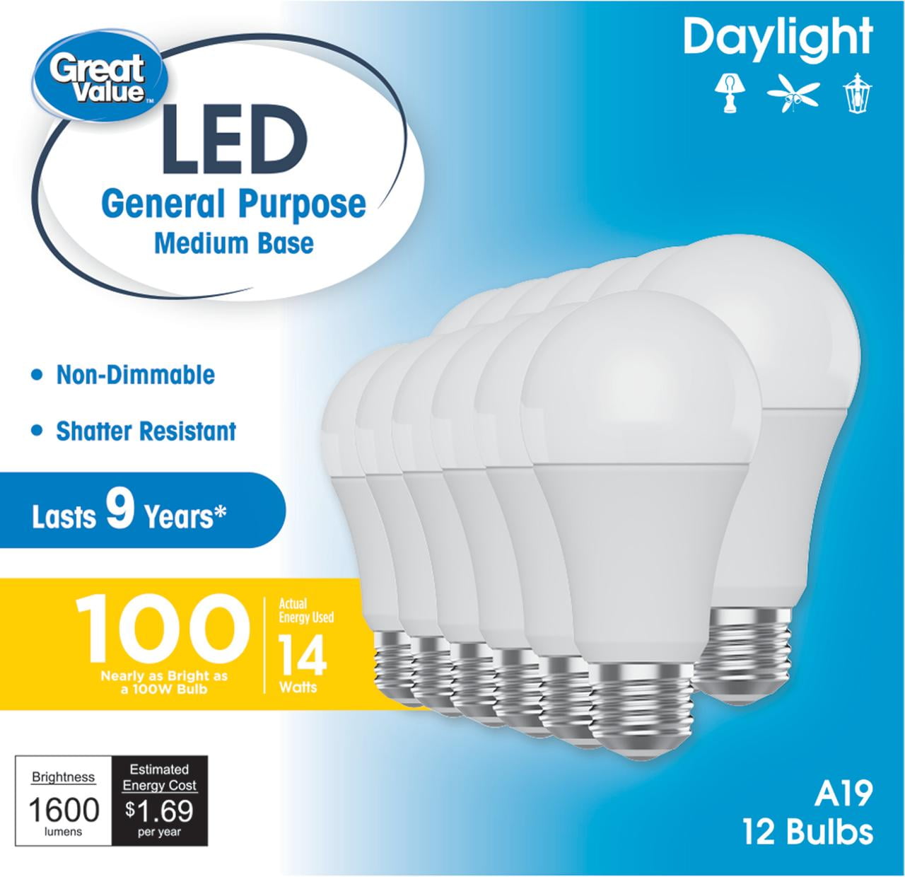 Great Value A19 LED Light Bulbs, 100 Watts Eqv, Daylight, General Purpose, 9yr, Medium Base, 12 pack