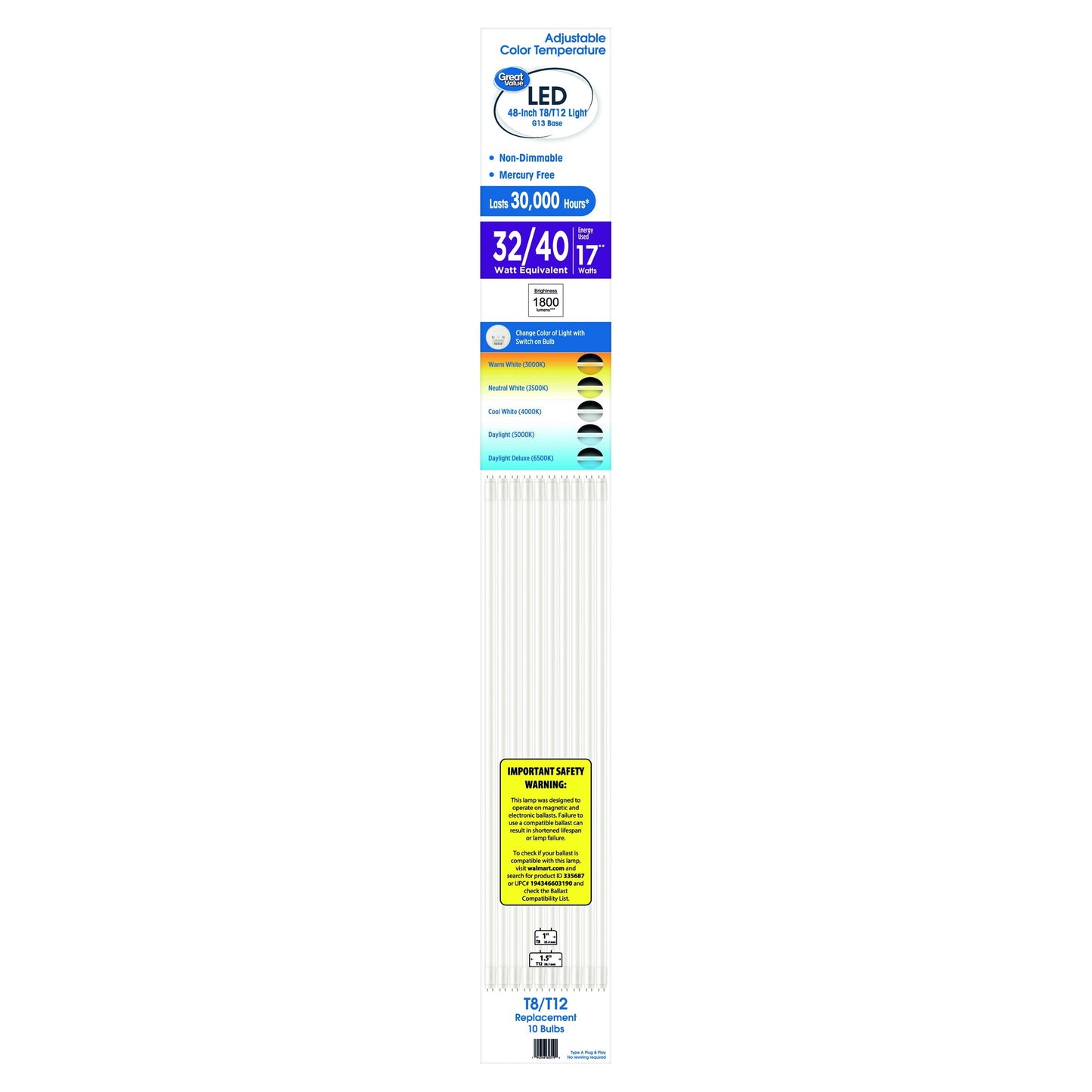 Great Value LED Light Bulb, 17 Watts T8/T12 Replacement Lamp G13 Base, Non-dimmable, Adjustable Color Temperature, 48-inches, 10-Pack