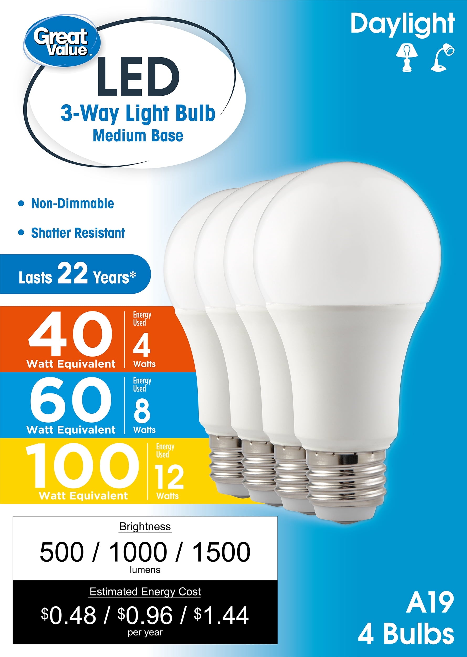 Great Value 3-Way A19 LED Light Bulb, 40/60/100 Watts Selectable, Daylight  E26 Medium Base (4 Pack)