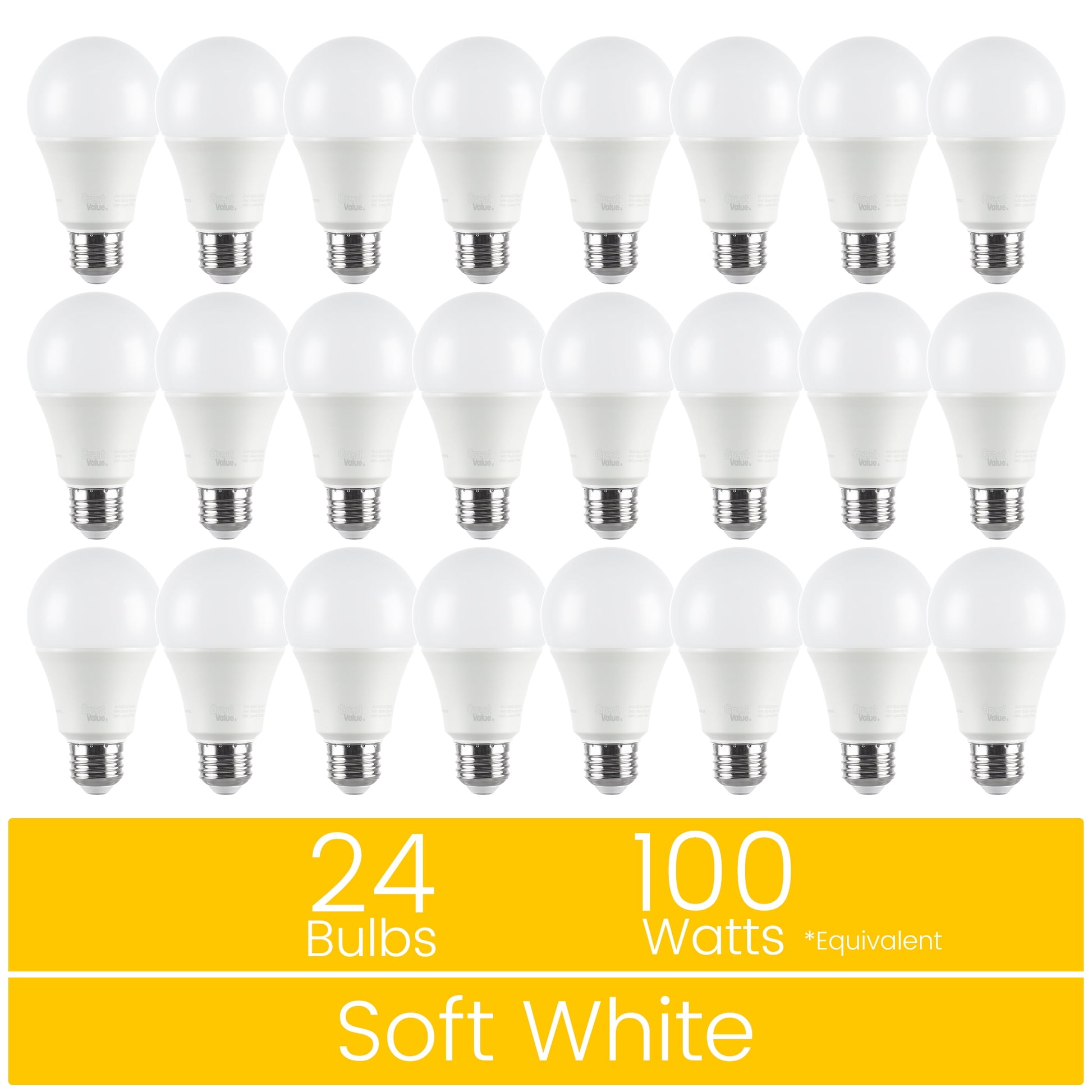 Great Value 18YR A19 LED Light Bulb, 14W (100W Equivalent) Dimmable Soft White E26 Medium Base, 24 Pack
