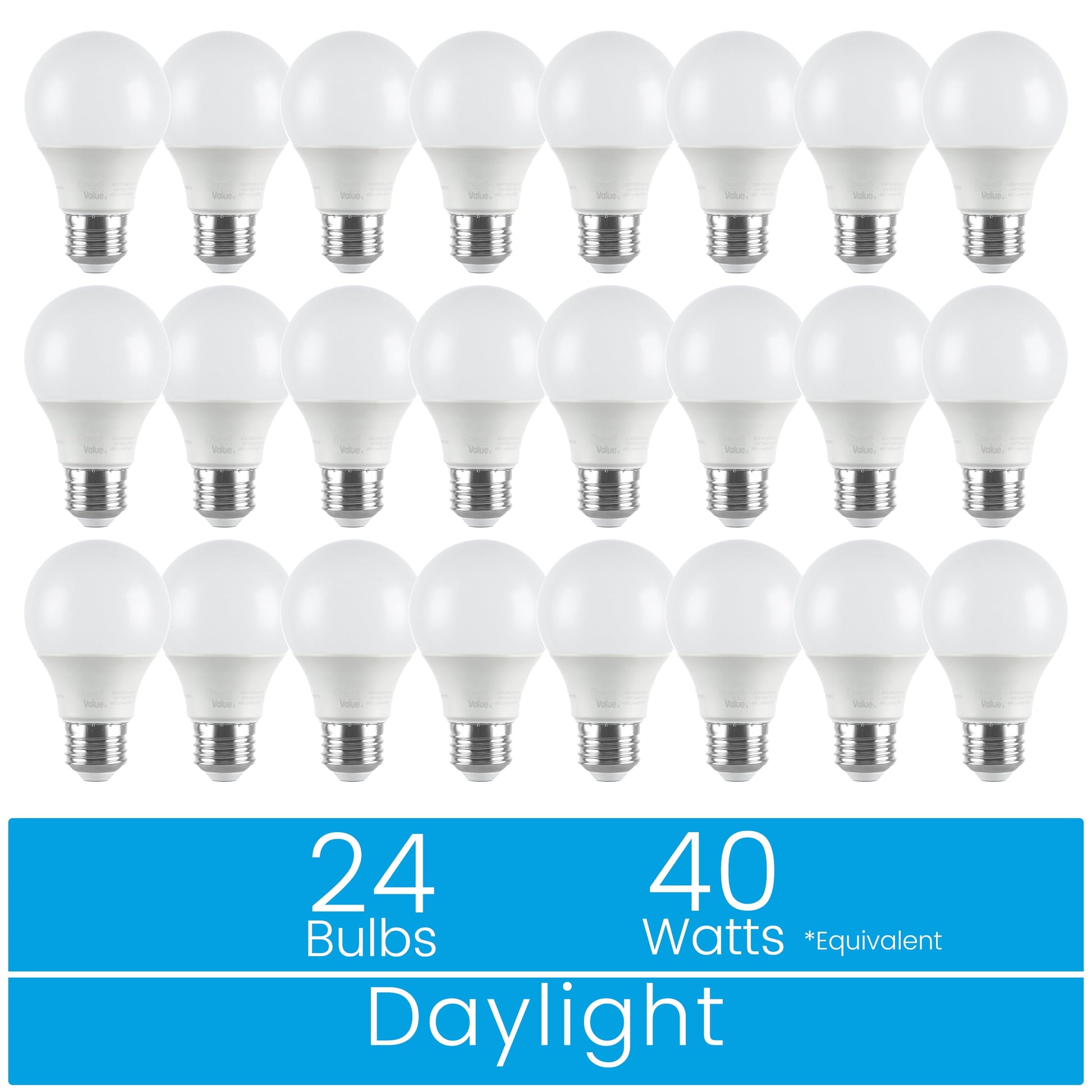 Great Value 18YR A19 LED Light Bulb, 6W (40W Equivalent) Dimmable Daylight E26 Medium Base, 24 Pack