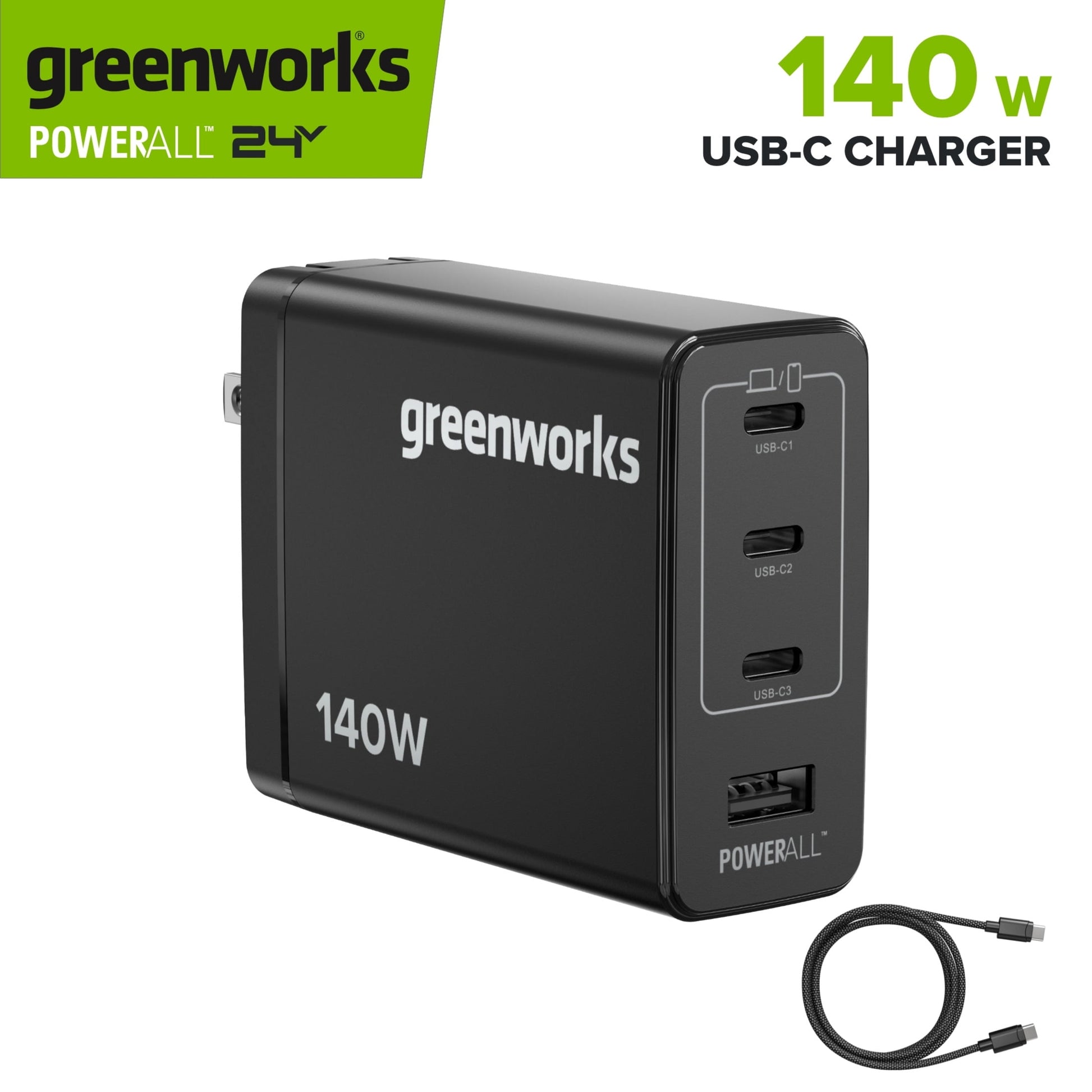 Greenworks PowerAll 24V Charger Set with 140W USB-C Charger Block, (2) 3.3' 100W USB-C Cables, AP140AAA1