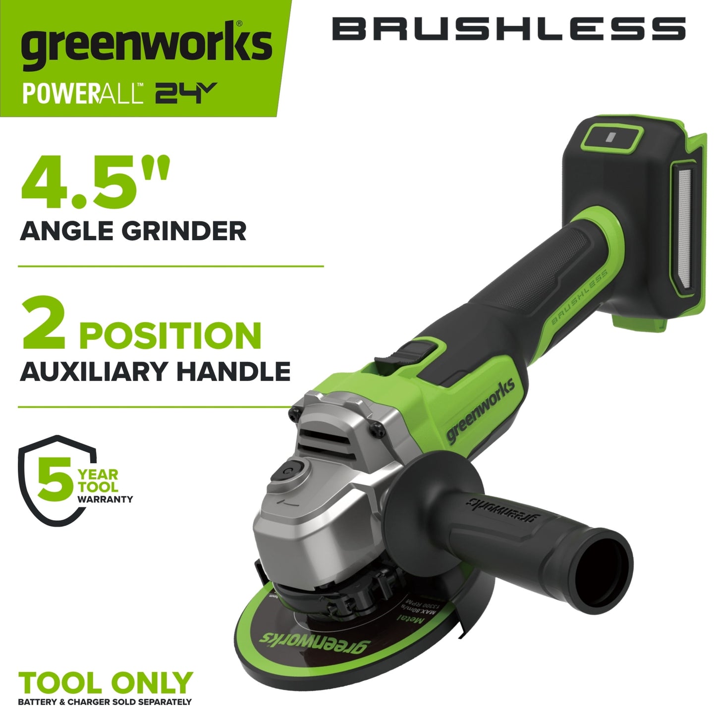 Greenworks24V 4-1/2" Angle Grinder with Handle, Grinding Wheel, and Guards, PowerAll, AG370A3