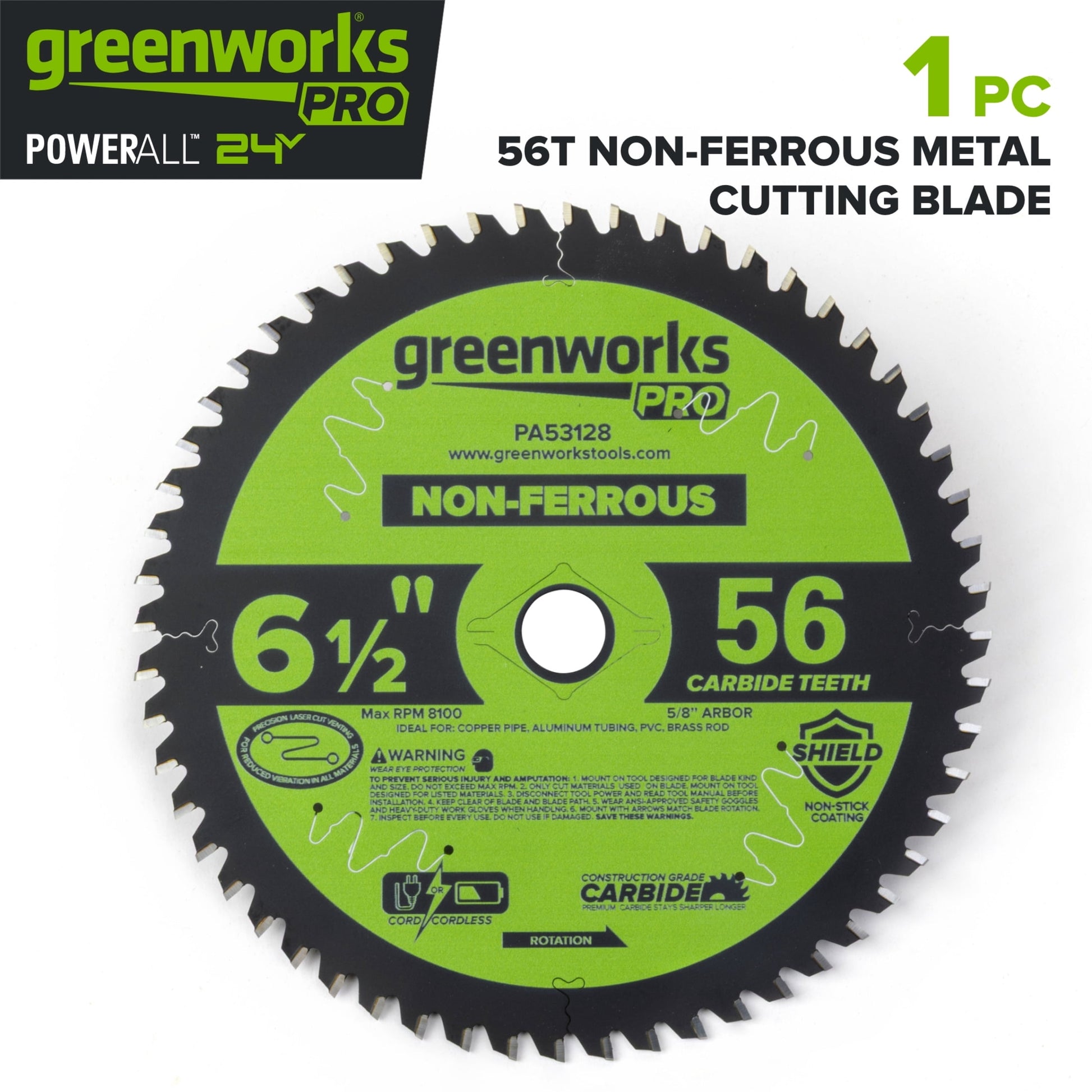 Greenworks Pro 56-Tooth 6-1/2" Non-Ferrous Metal Cutting Circular Saw Blade, PA53128A1