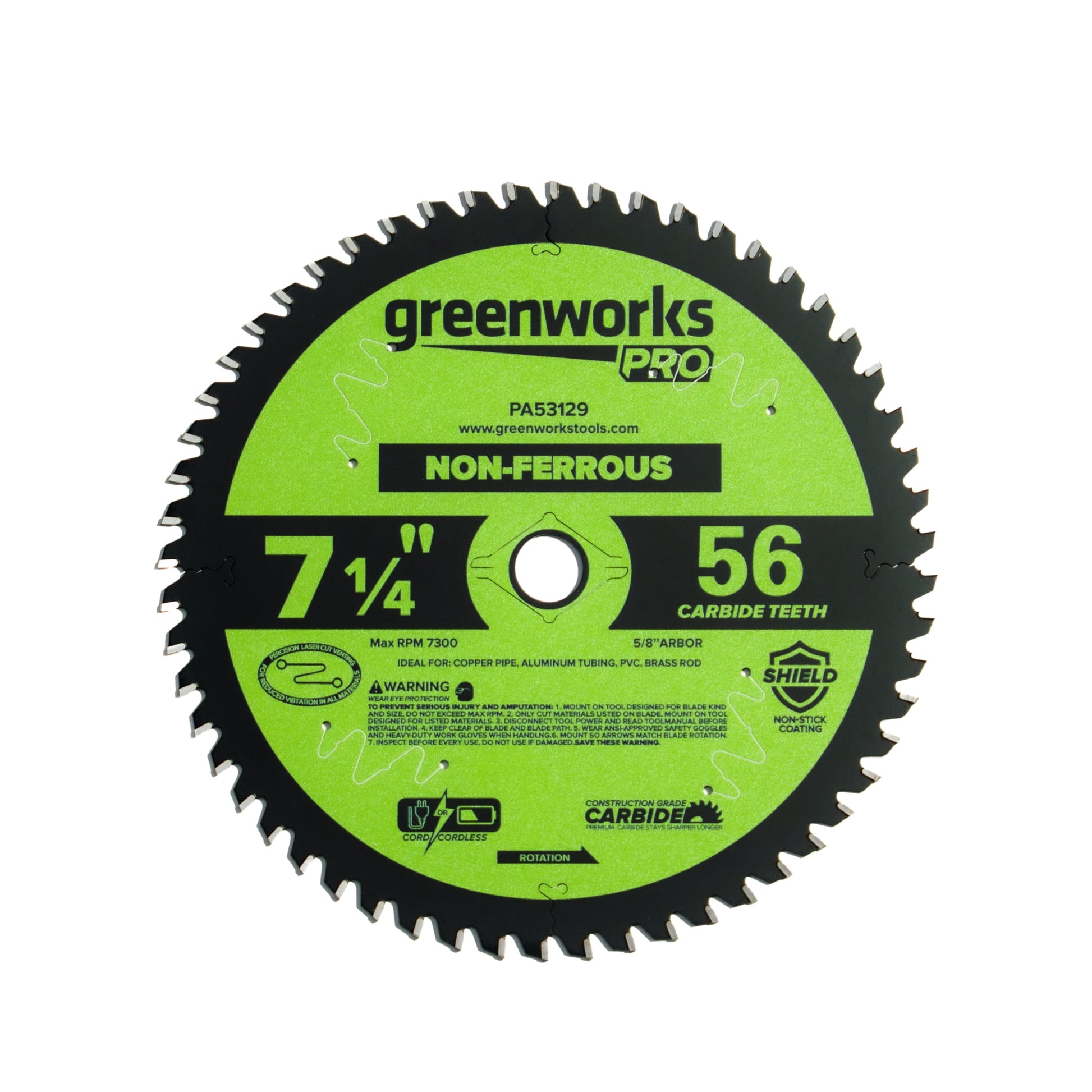 Greenworks Pro 24V PowerAll 7.25" blades â€“ 56T Non-Ferrous Metal Cutting Blade, OKE901, Laser Cut and Teflon Coating, PA53129A1