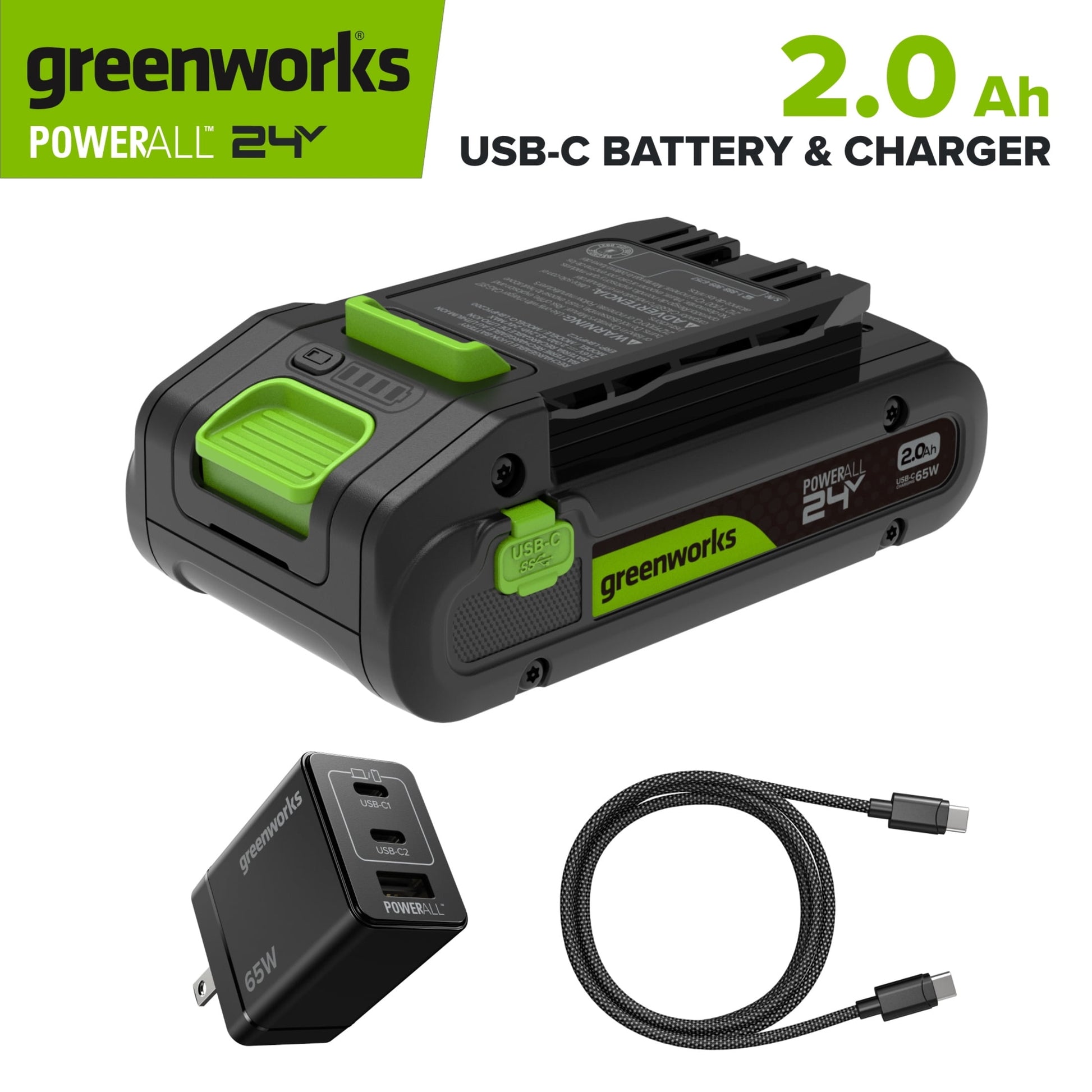 Greenworks PowerAll 24V 2Ah Battery Charger Kit with 65W USB-C Charging with Cable, K2S2BUAA1