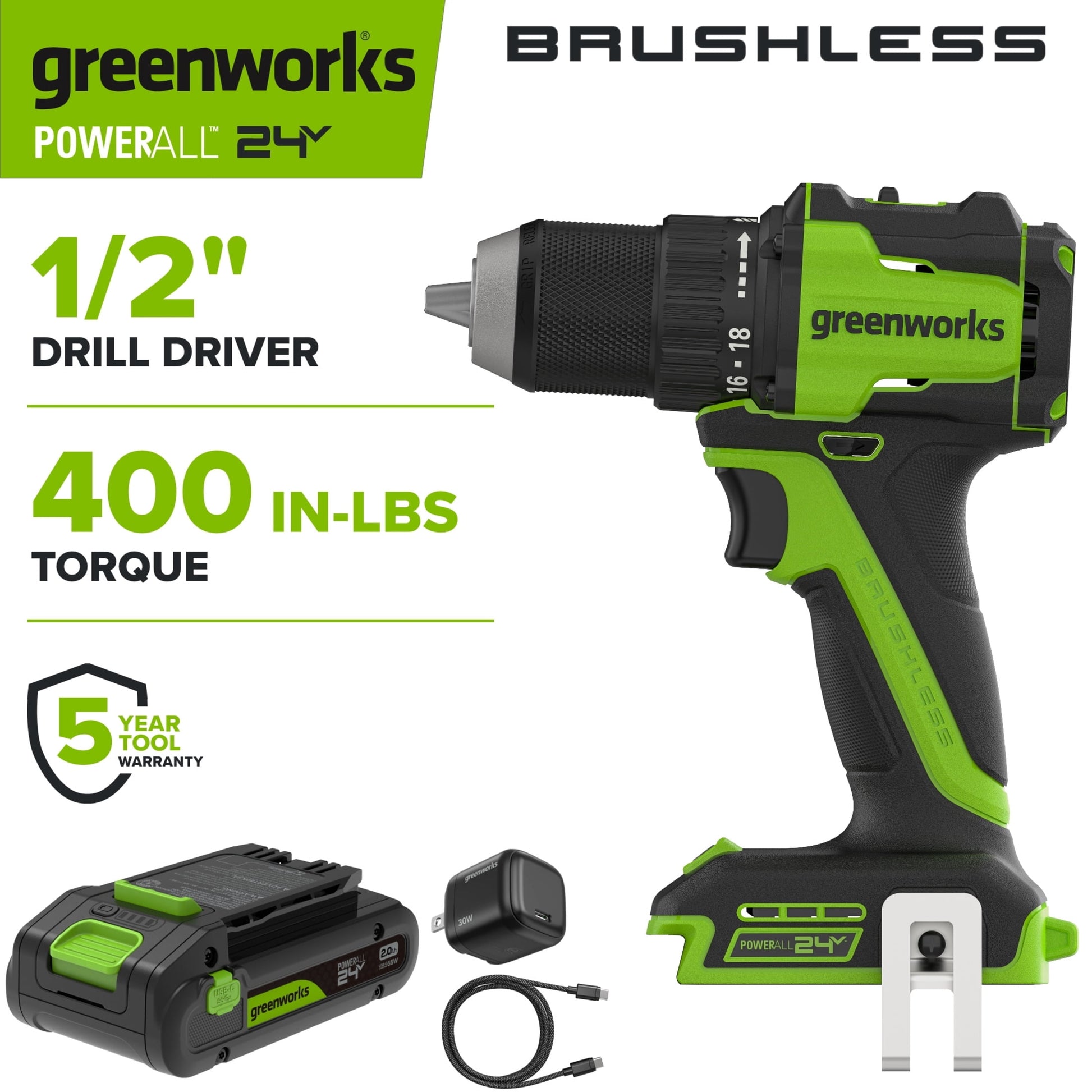 Greenworks PowerAll 24V Brushless 400 lbs 2 Speed 1/2" Drill Driver and 2 Ah Battery, DD340A1