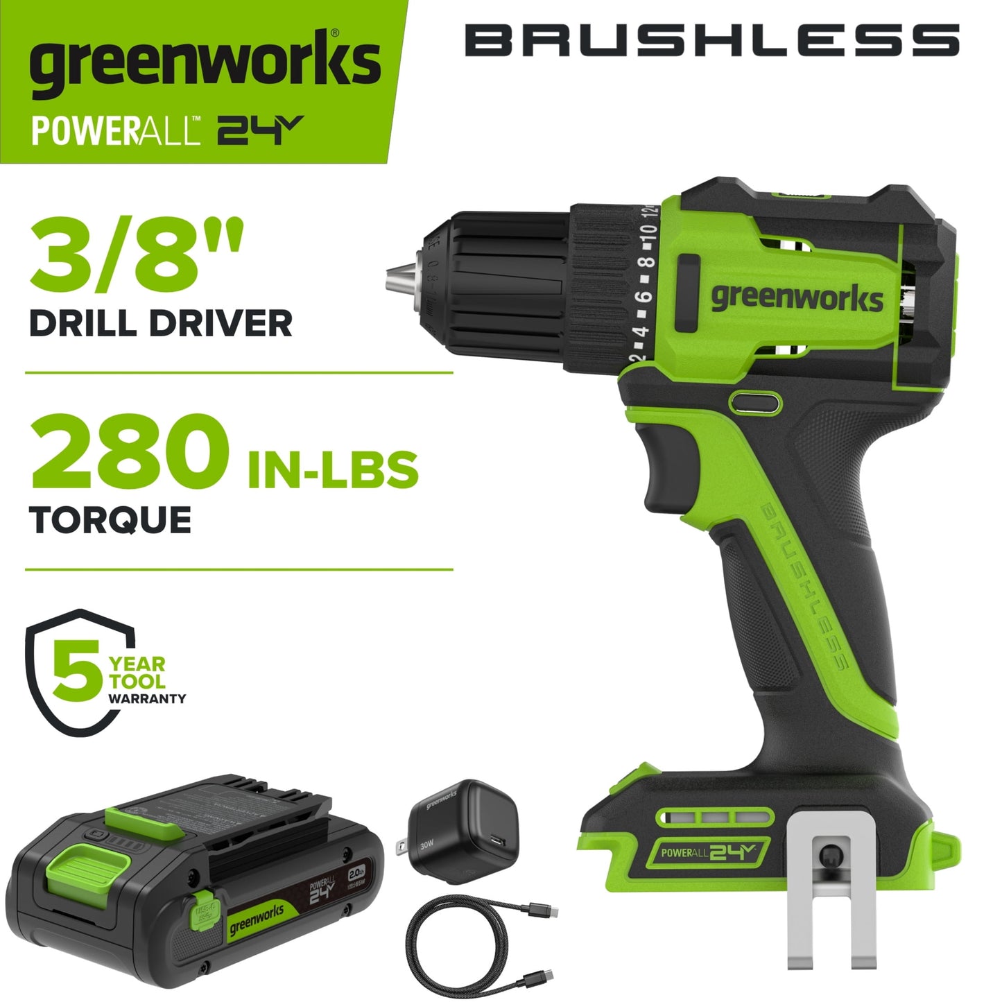 Greenworks 24V Atornillador sin Escobillas de 3/8" con BaterÃ­a USB-C, PowerAll