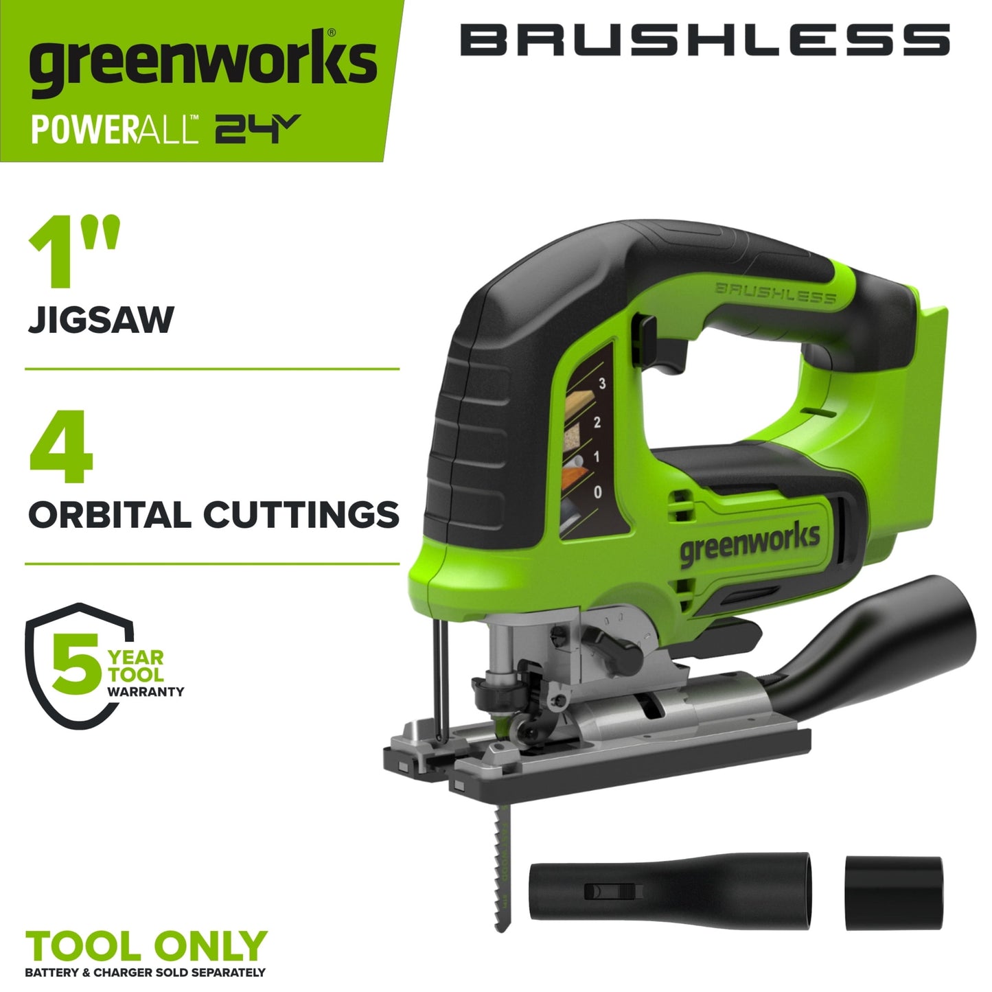 Greenworks PowerAll 24V Brushless 1" 3,500 SPM Jig Saw, (Tool Only), JS326BA1