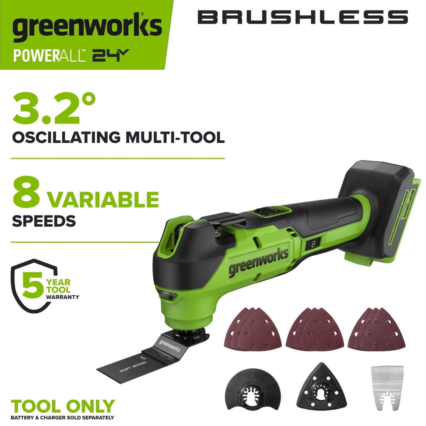 Greenworks PowerAll 24V Brushless Oscillating Multi-Tool (Tools Only) with Accessories, MT332A3