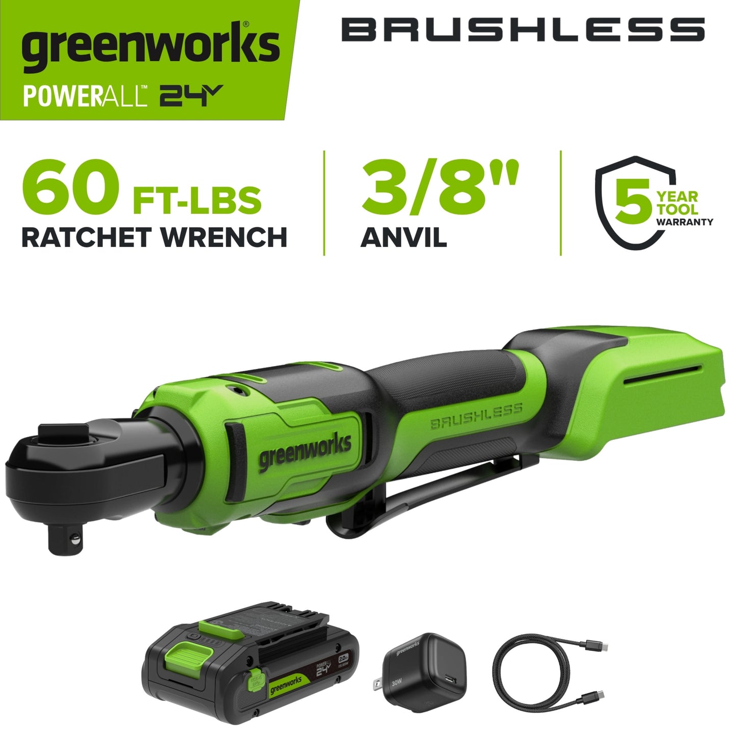 Greenworks PowerAll 24V Brushless 60 ft-lb 3/8" Ratchet Wrench, 2Ah Battery and 30W Cable, RW380A1