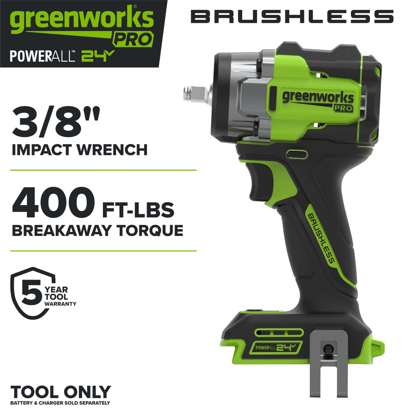 Greenworks Pro PowerAll 24V Brushless 400 ft-lb Breakaway Torque 3/8" Impact Wrench, Tool Only, IW5370A1