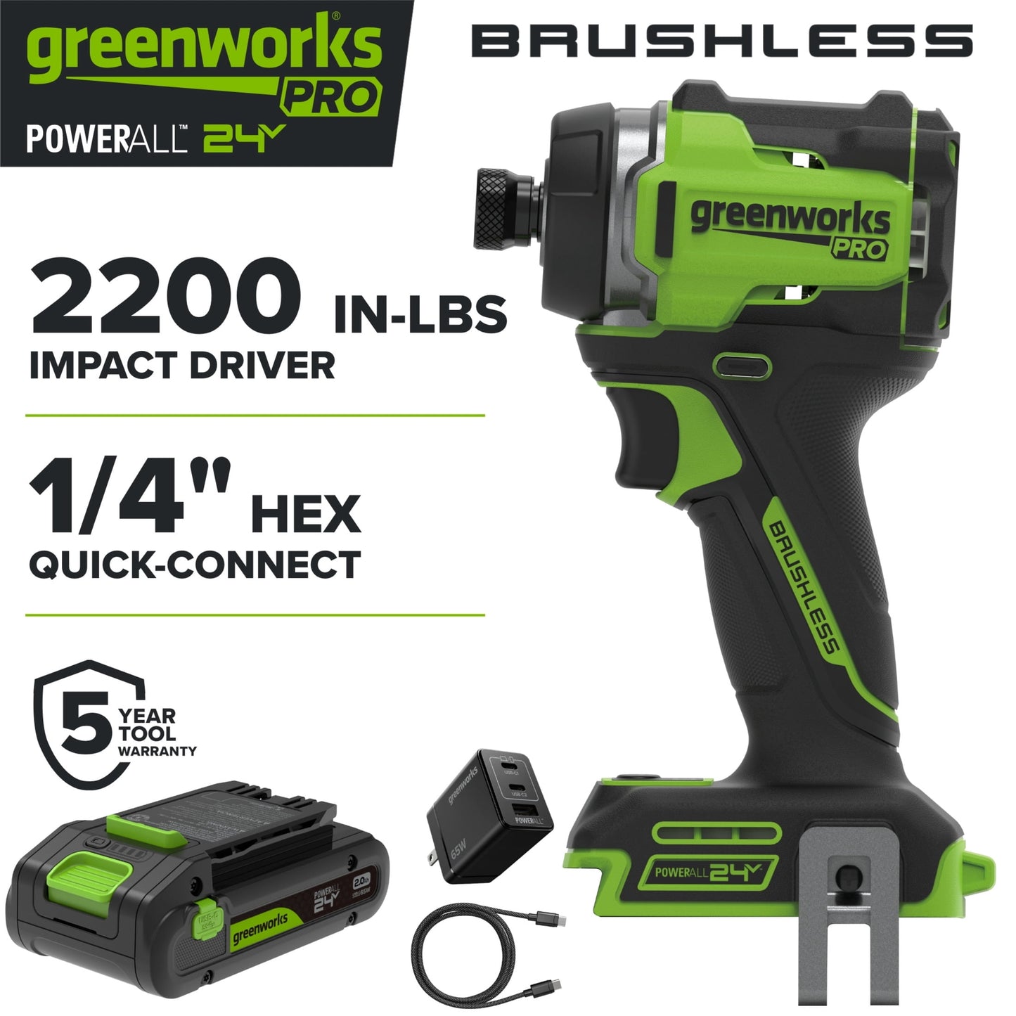 Greenworks Pro PowerAll 24V Brushless 2200 In-lb Impact Driver, 2Ah USB-C Battery, 65W Charger and Cable, ID5250A2