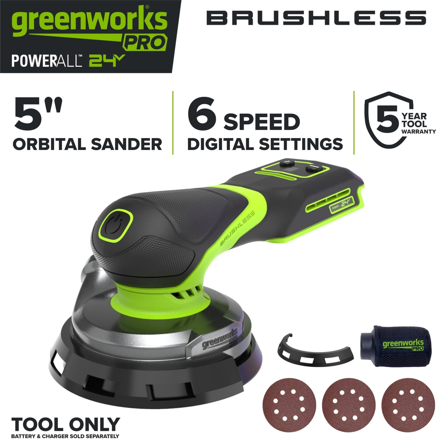 Greenworks Pro PowerAll 24V Brushless Random Orbit Sander, Tool Only, OS525A1