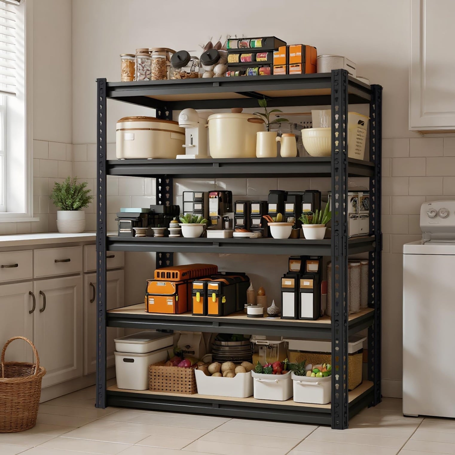 5 Tier Storage Shelves, Heavy Duty Metal Shelving Unit 2000 lbs, Adjustable Gourd Hole Rack for Garage Pantry Closet Kitchen Warehouse, Black