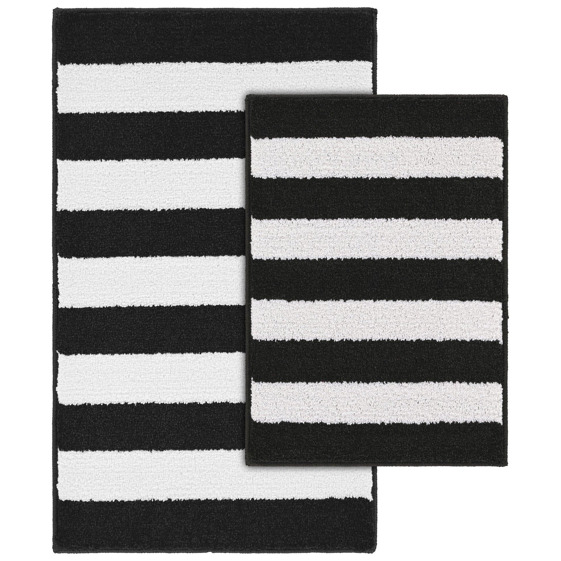 Garland Rug Beach Stripe Washable Bath Rug Set, 2 Piece Set (17"x24" Bath Rug, & 21"x34" Bath Rug) Black/White