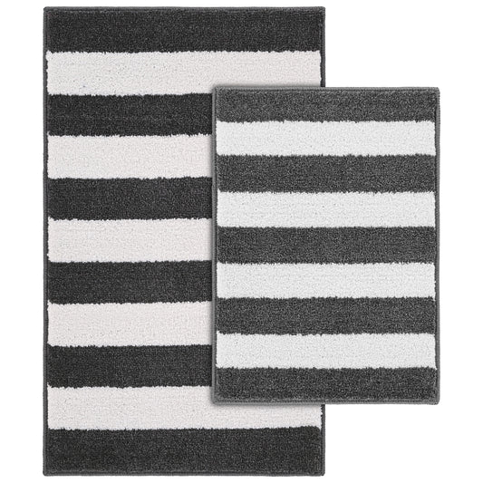 Garland Rug Beach Stripe Washable Bath Rug Set, 2 Piece Set (17"x24" Bath Rug, & 21"x34" Bath Rug) Cinder Gray/White