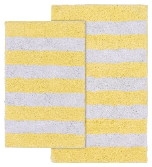 Garland Rug Beach Stripe Washable Bath Rug Set, 2 Piece Set (17"x24" Bath Rug, & 21"x34" Bath Rug) Rubber Ducky Yellow/White