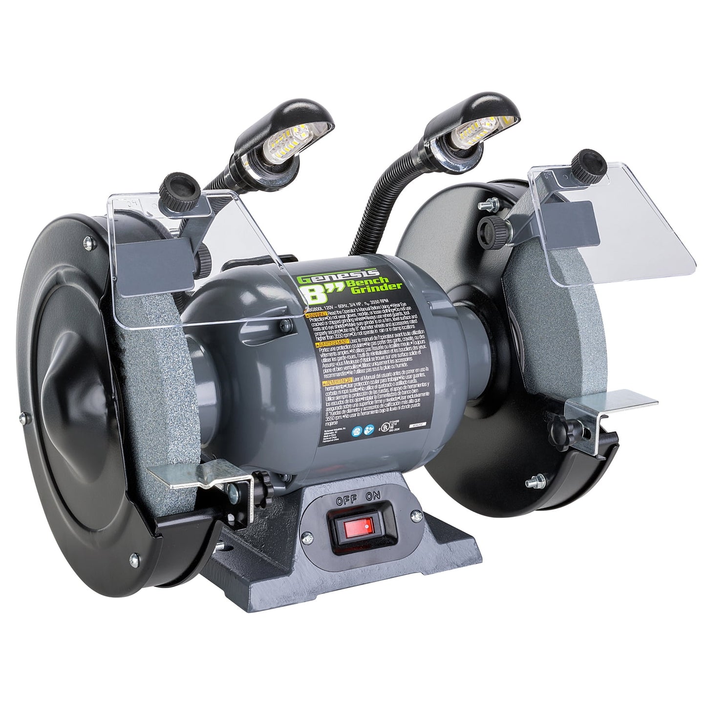 Genesis 8-In. Bench Grinder with 2 Wheels, LED Lights, Eye Shields, 5/8-In. Shaft, Cast Iron Base, Adjustable Tool Rests GBG800L
