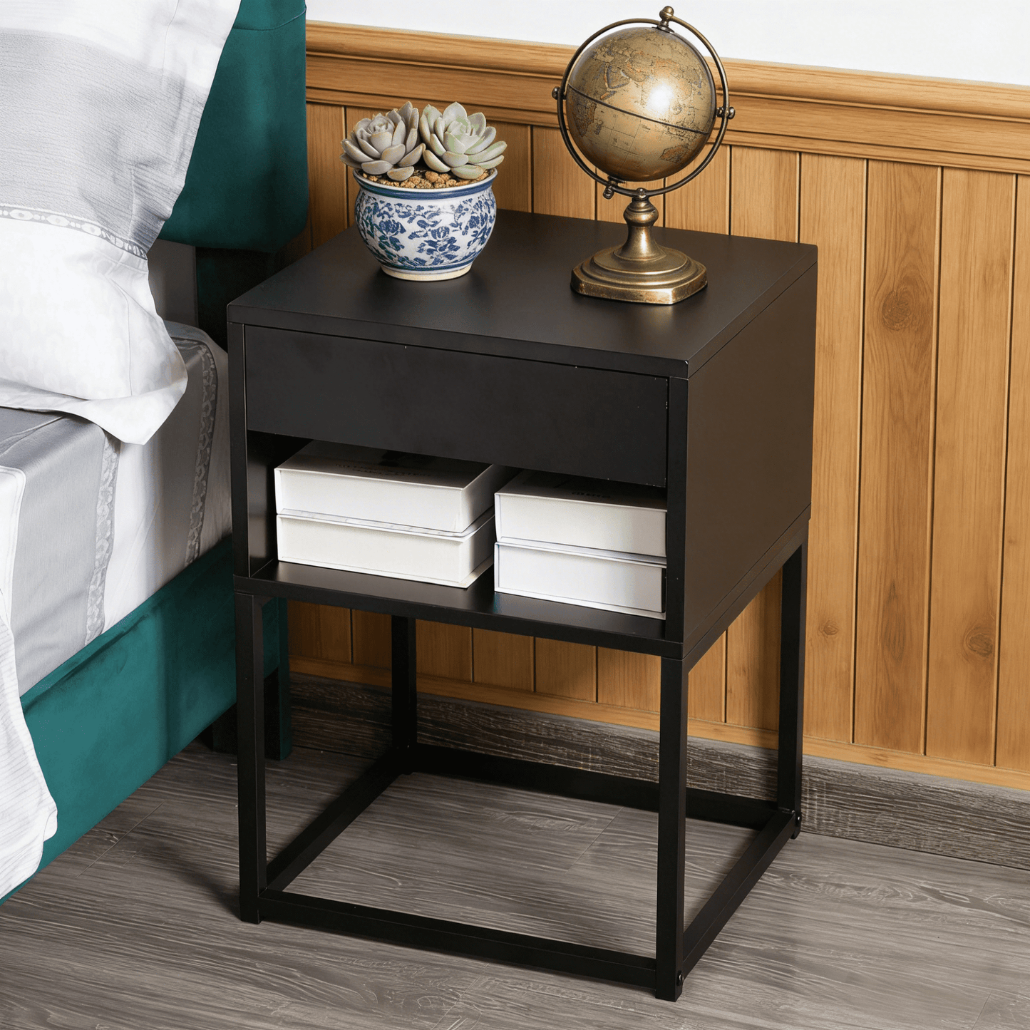 Gewnee 15.91"Small Nightstand with Drawer and Storage Shelf,MDF Wood Side Table with Metal Legs for Small Spaces,End Table for Bedroom,Living Room,Office.Black