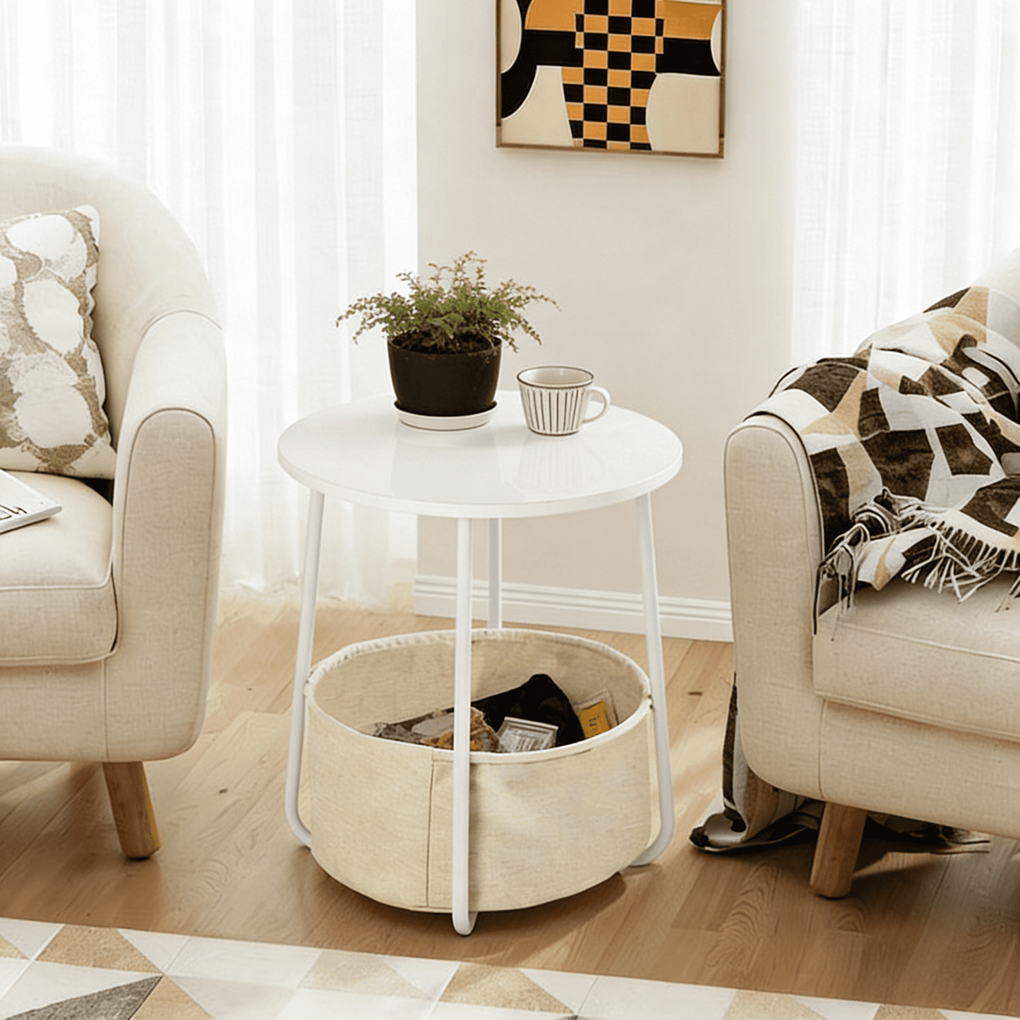 Gewnee 18''Round Coffee Table - End Table with Fabric Basket,Sleek Space-Saving Furniture for Living Room,Bedside Nightstand,Matte White and Beige