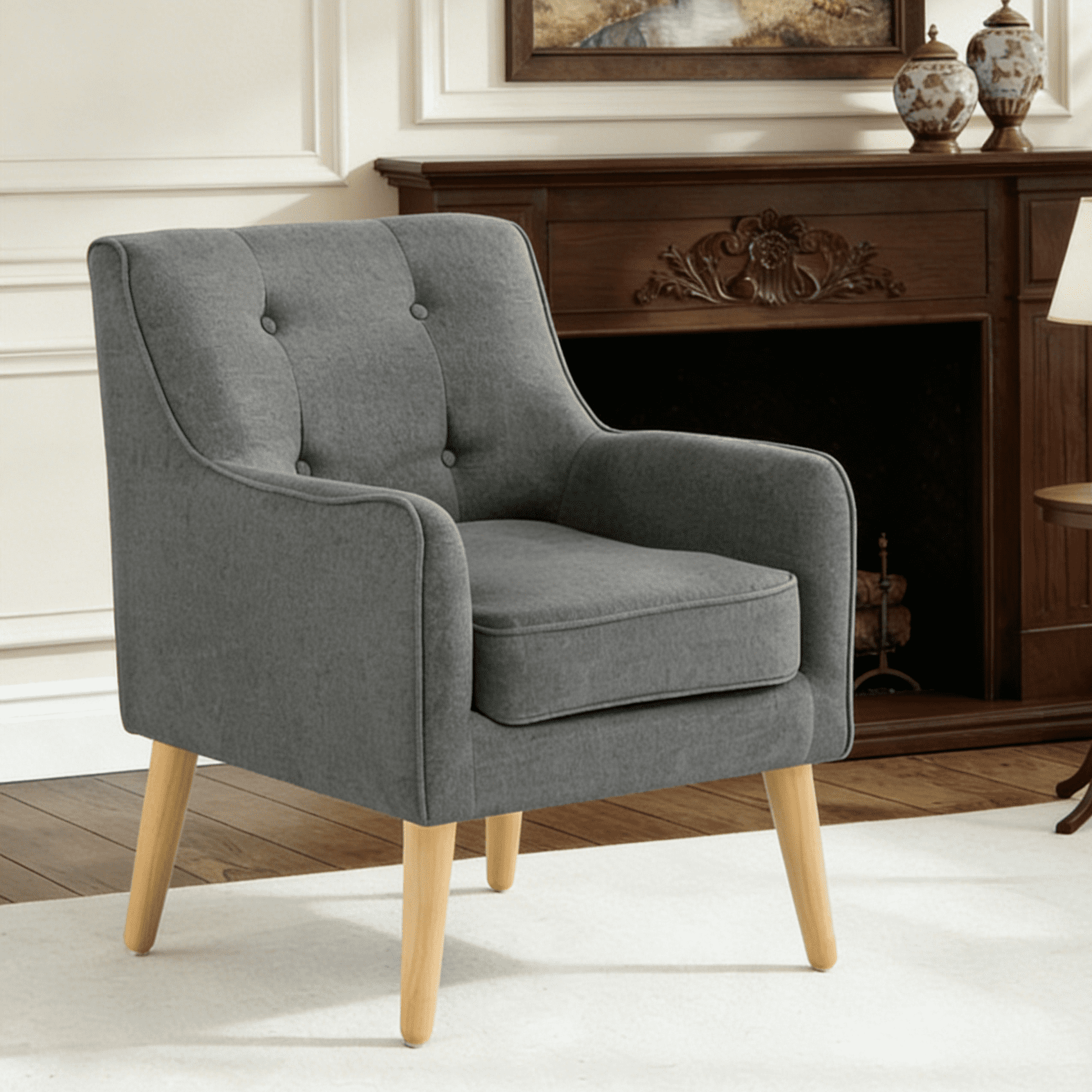 Gewnee 24.41" Linen Upholstered Accent Chair Solid Wood Frame for Living Room Bedroom Dark Grey