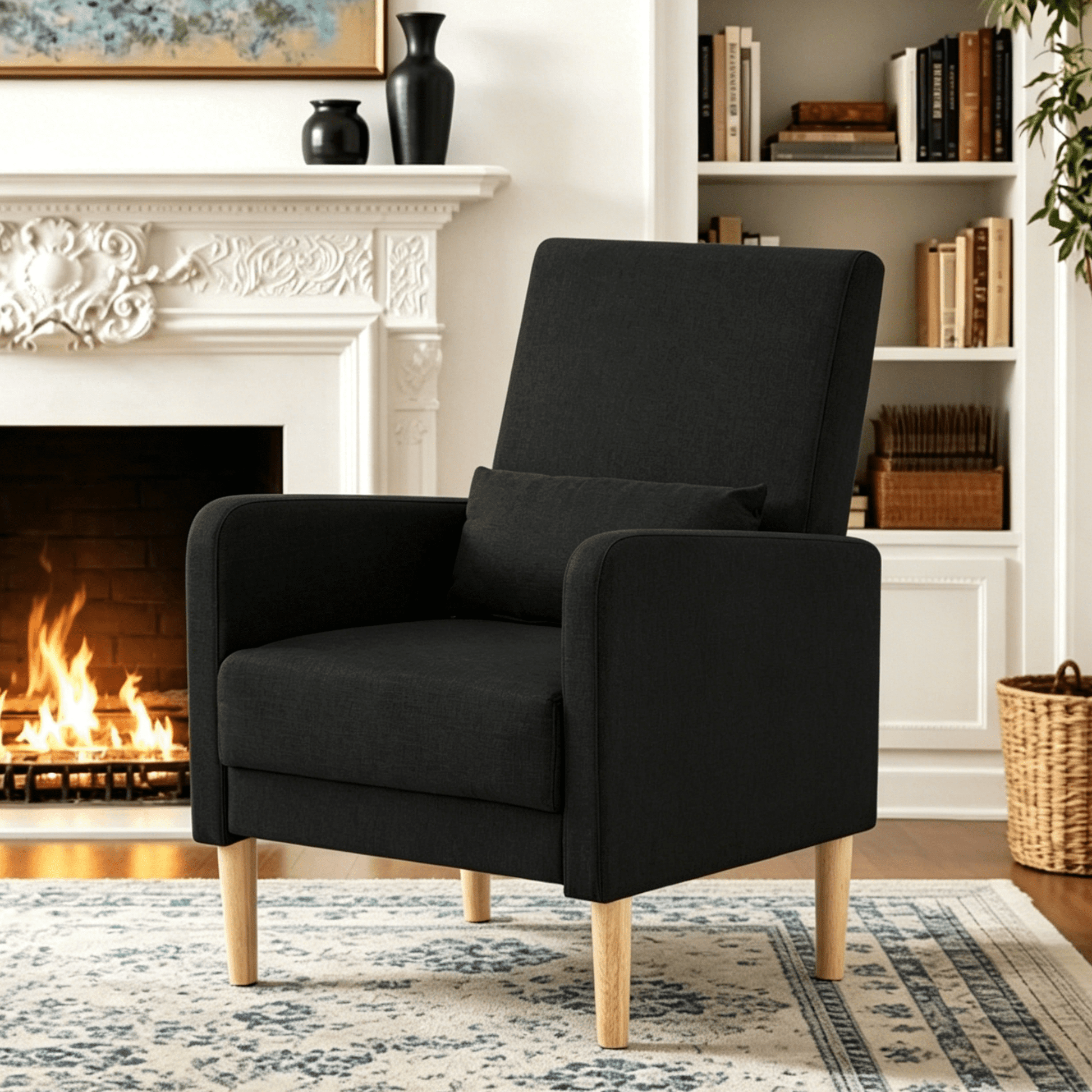Gewnee 26.5"Accent Chair,Linen Fabric Upholstered Comfy Armchair with Solid Wood Frame & High Back,Single Chair for Living Room,Apartment,Office.Black