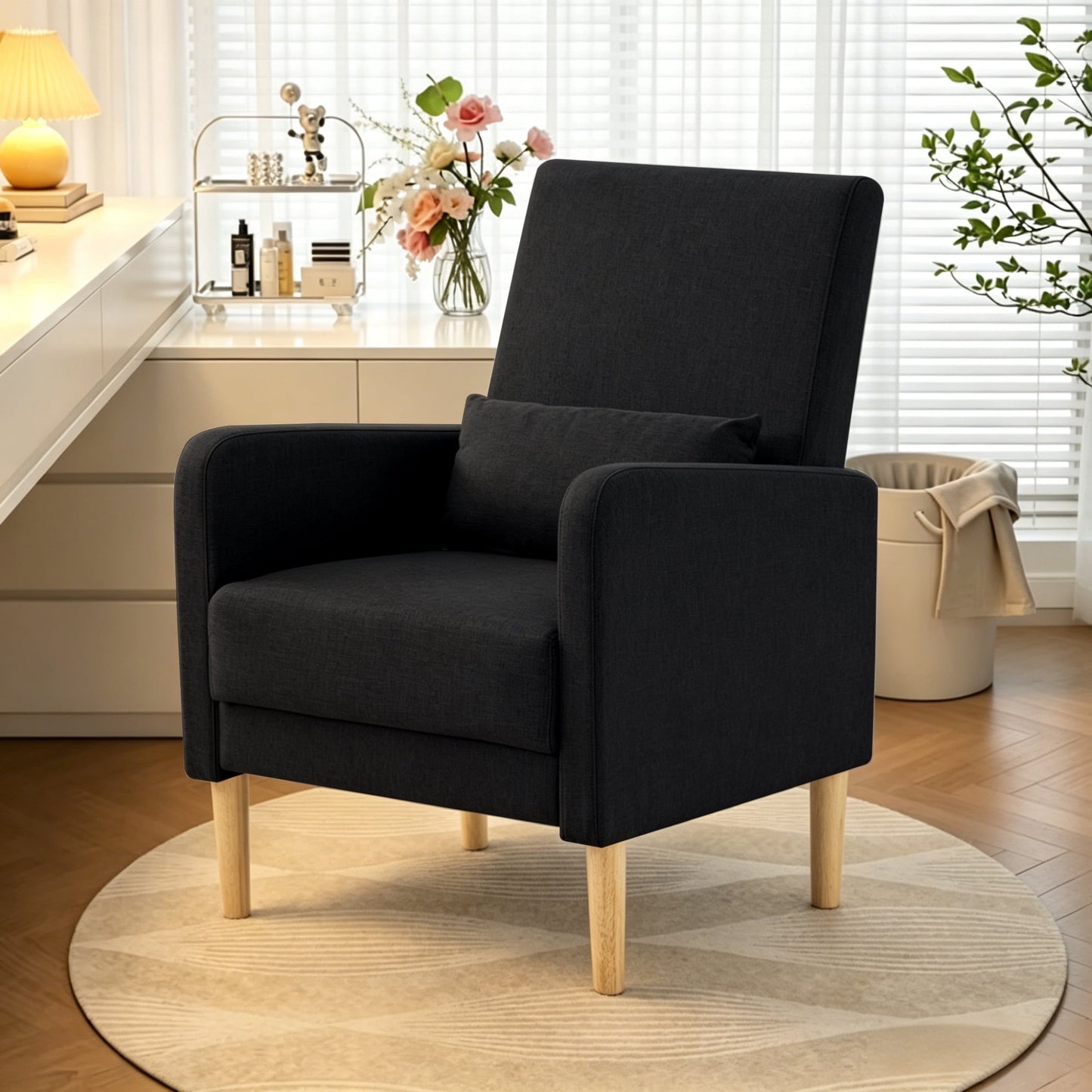 Gewnee 26.5â€Modern Accent Chair,Linen Fabric Upholstered Comfy Single Chair with Solid Wood Frame & Pillow for Living Room,Apartments & Small Spaces.Black
