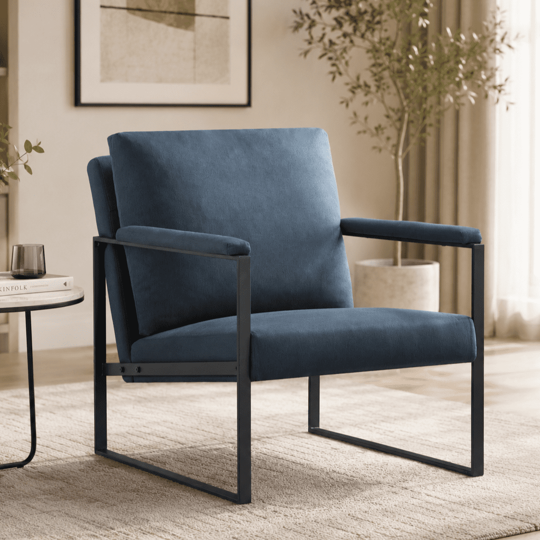 Gewnee 26.8" Accent Armchair, Linen Blend Metal Frame Chair with Square Arms for Living Room,Blue