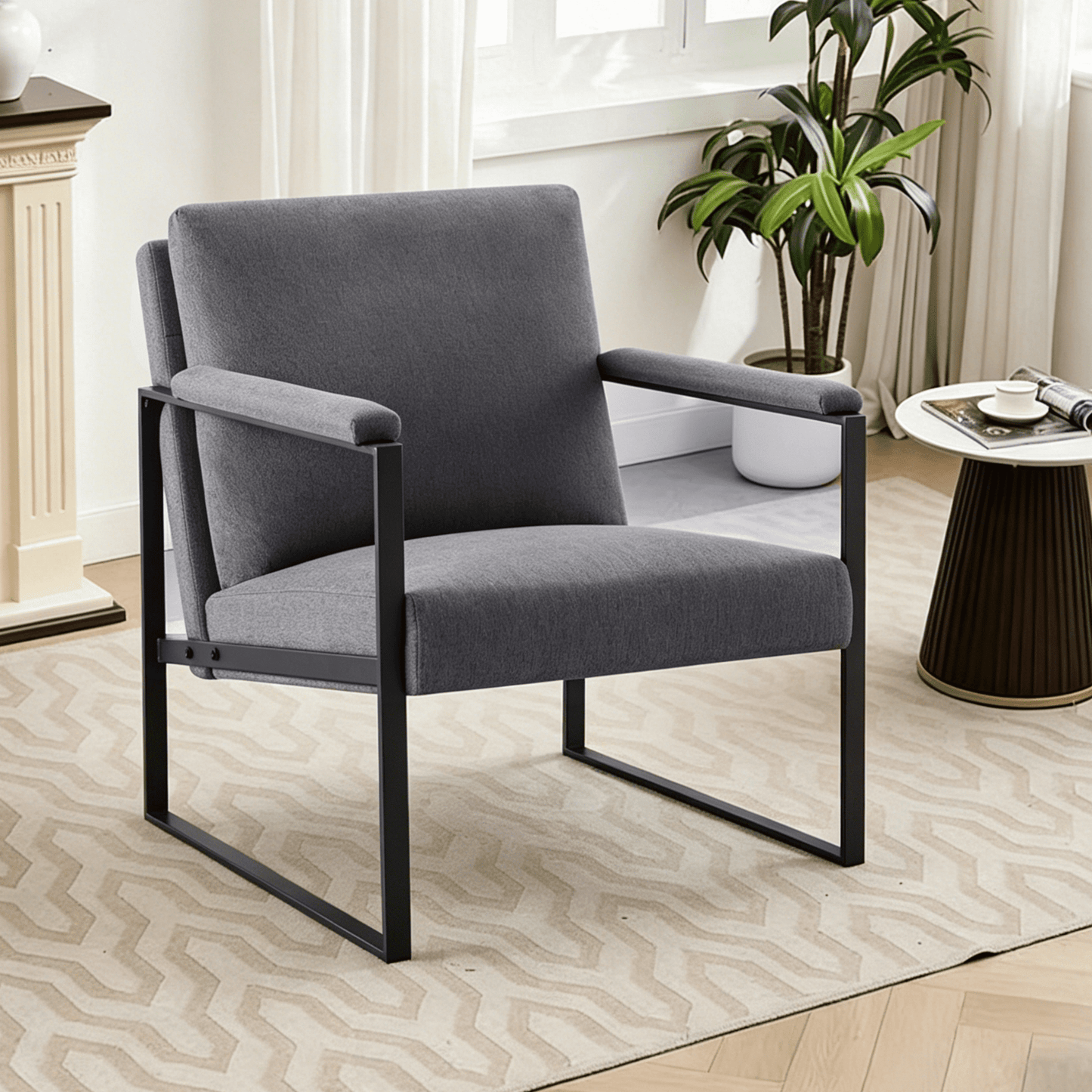 Gewnee 26.8â€Black Metal Frame Accent Armchair,Padded Square Arms,High-Density Foam,Removable Washable Back Cushion â€“ Easy Assembly for Living Room,Bedroom,Study.Dark Grey