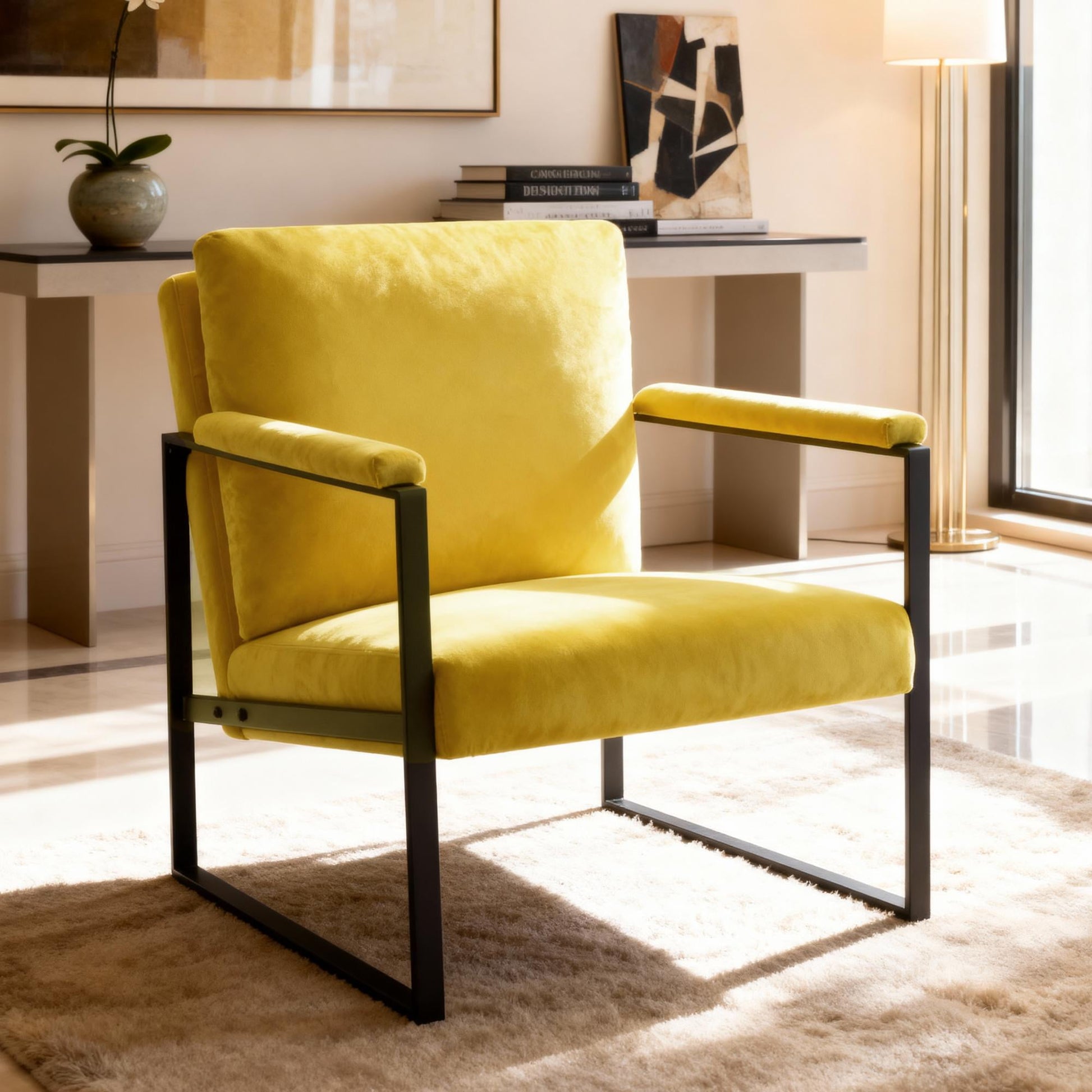 Gewnee 26.8â€Metal Frame Accent Armchair,Single Sofa Chair with Scratch-Resistant Foot Pads & Detachable Washable Backrest,Suitable for Study Rooms and Bedrooms.(Yellow)
