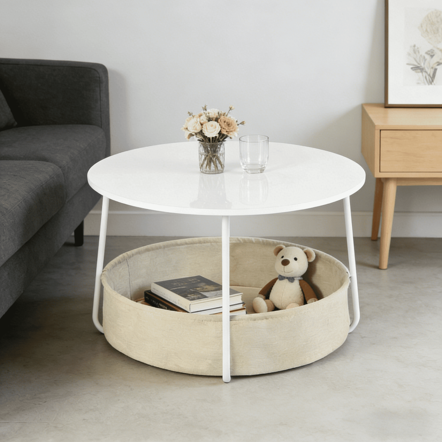 Gewnee 30''Round Coffee Table - End Table with Fabric Basket,Sleek Space-Saving Furniture for Living Room,Bedside Nightstand,Matte White and Beige