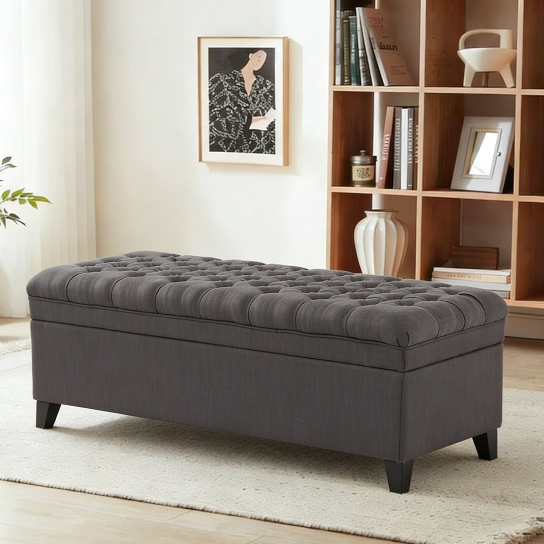 Gewnee 49.41" Flip Top Storage Bench Linen Upholstered Entryway Bedroom Living Room Dark Grey