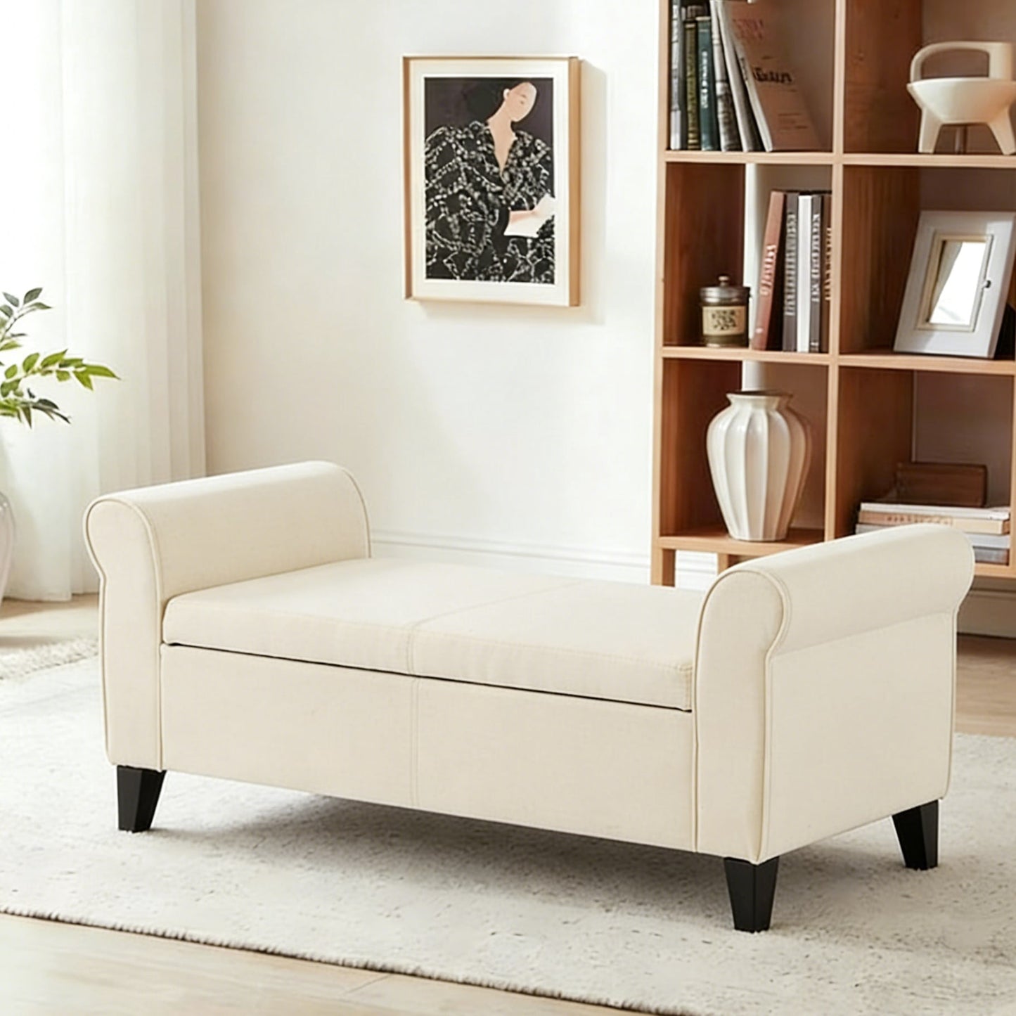 Gewnee 49.61" Flip Top Storage Bench Beige Linen Entryway Bench with Solid Wood Frame