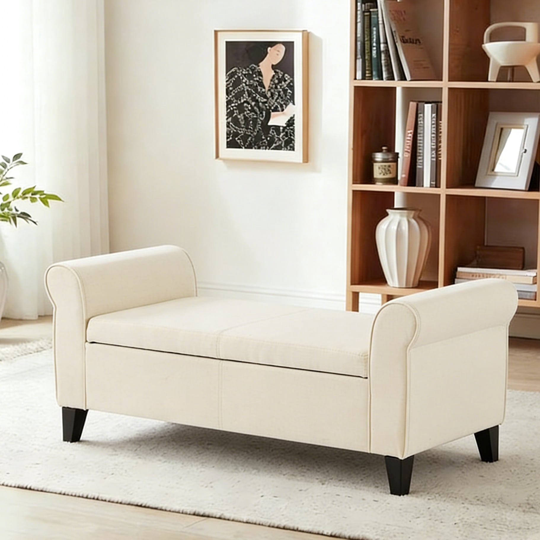 Gewnee 49.61" Flip Top Storage Bench Beige Linen Entryway Bench with Solid Wood Frame