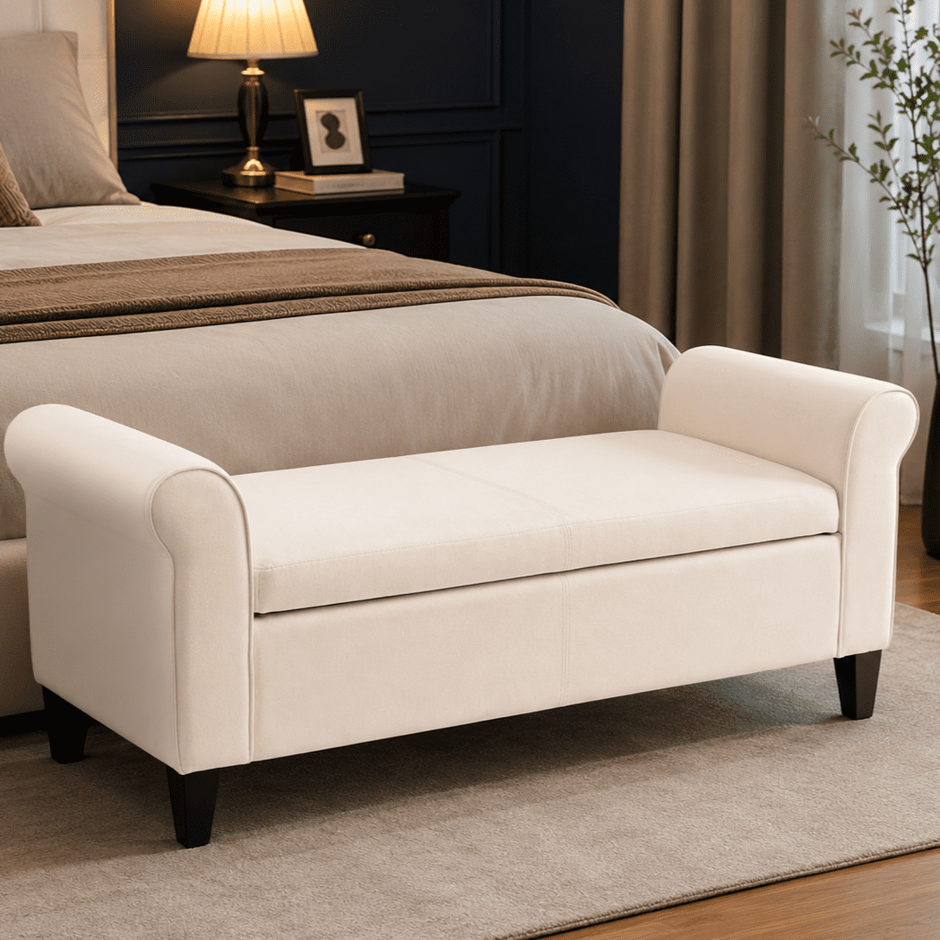 Gewnee 49.61" Flip Top Storage Bench, Linen Upholstered Solid Wood Frame Bench for Living Room and Bedroom, Beige