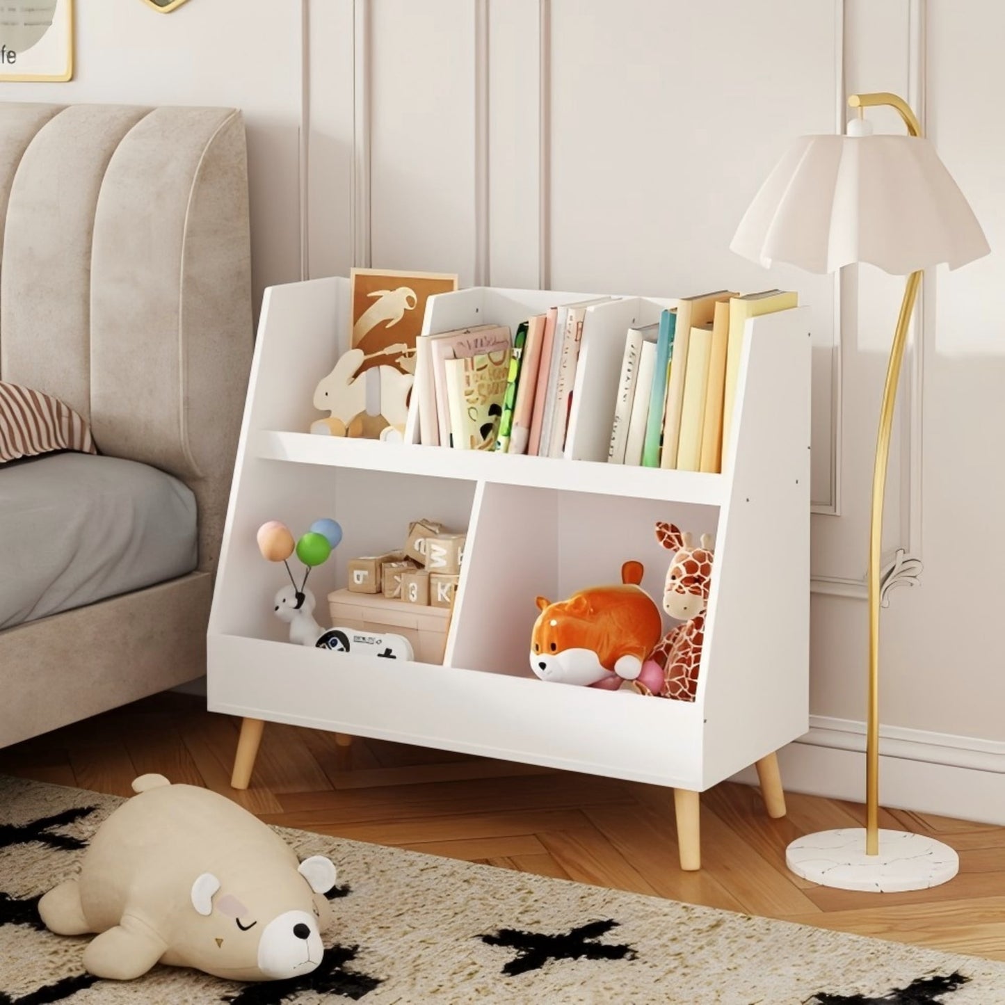 Gewnee Children's Bookshelf and Toy Storage Rack, 5-Level  Wooden Bookshelf, Two-Layer Storage Display Stand with Legs, Suitable for Bedrooms, Baby Rooms,White