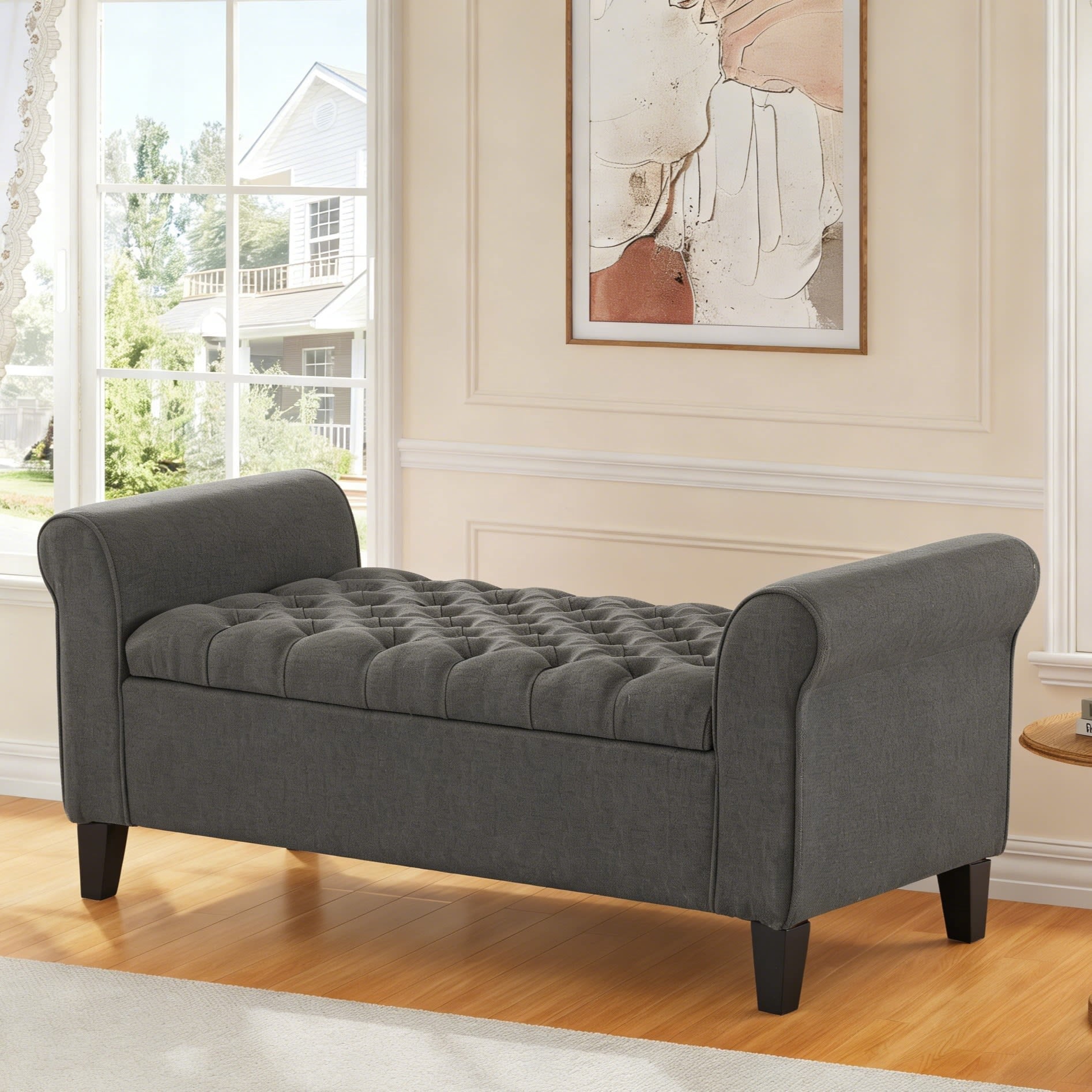 Gewnee 50" Solid Wood Flip Top Storage Bench, Linen Fabric, for Living Room & Bedroom, Dark Grey